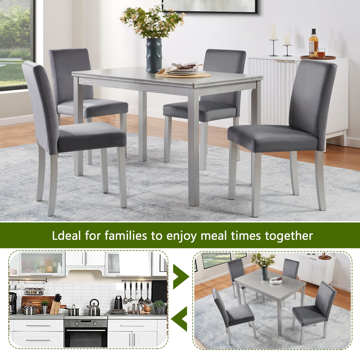 5-Piece Wooden Dining Table Set with Upholstered Chairs - Silver Grey