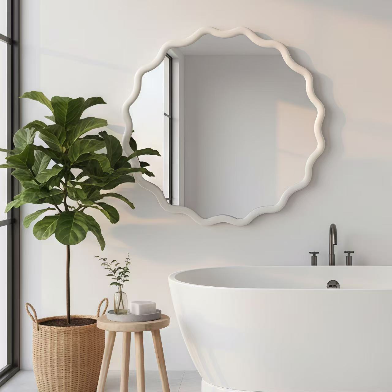 24 Inch Wavy Round Solid Wood Frame Decorative Mirror - White