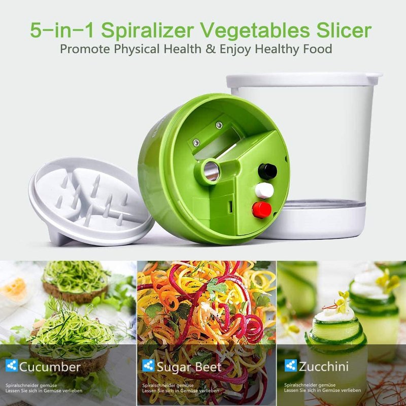 Adjustable Spiral Cutter with Container - Green Handheld Kitchen Tool