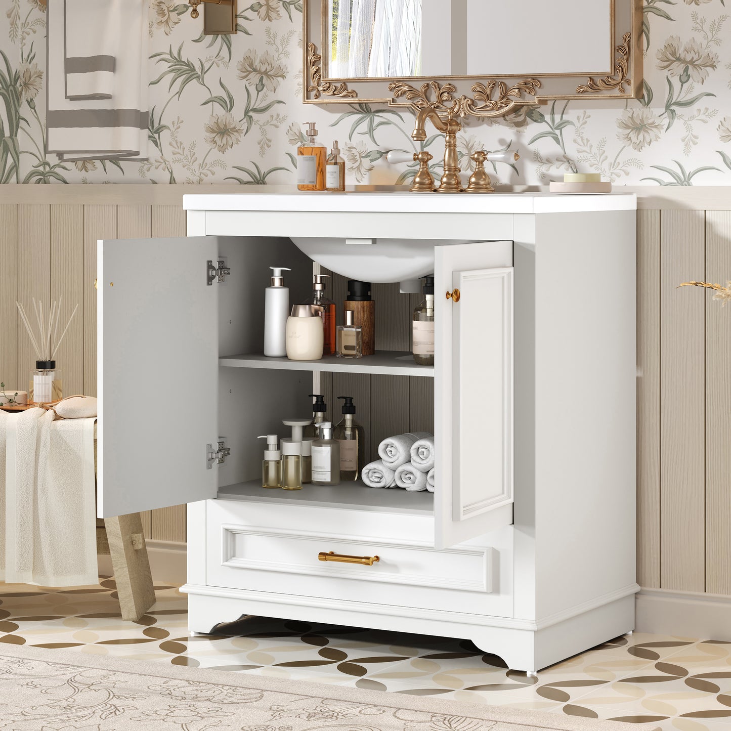 30" Bathroom Vanity with Ceramic Sink & Soft Close Doors - White