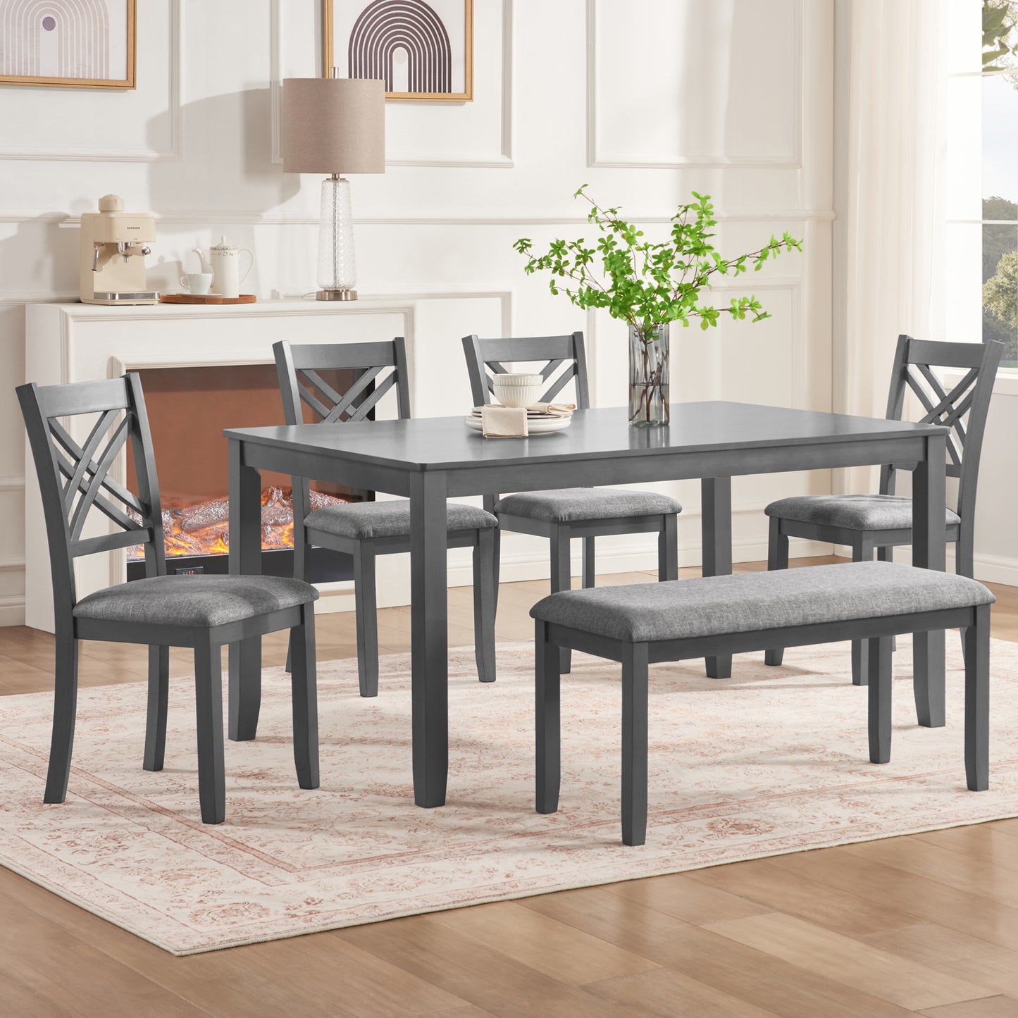 Rectangular Dining Table Set for 6 - Wooden Table with Upholstered Chairs & Bench - Grey