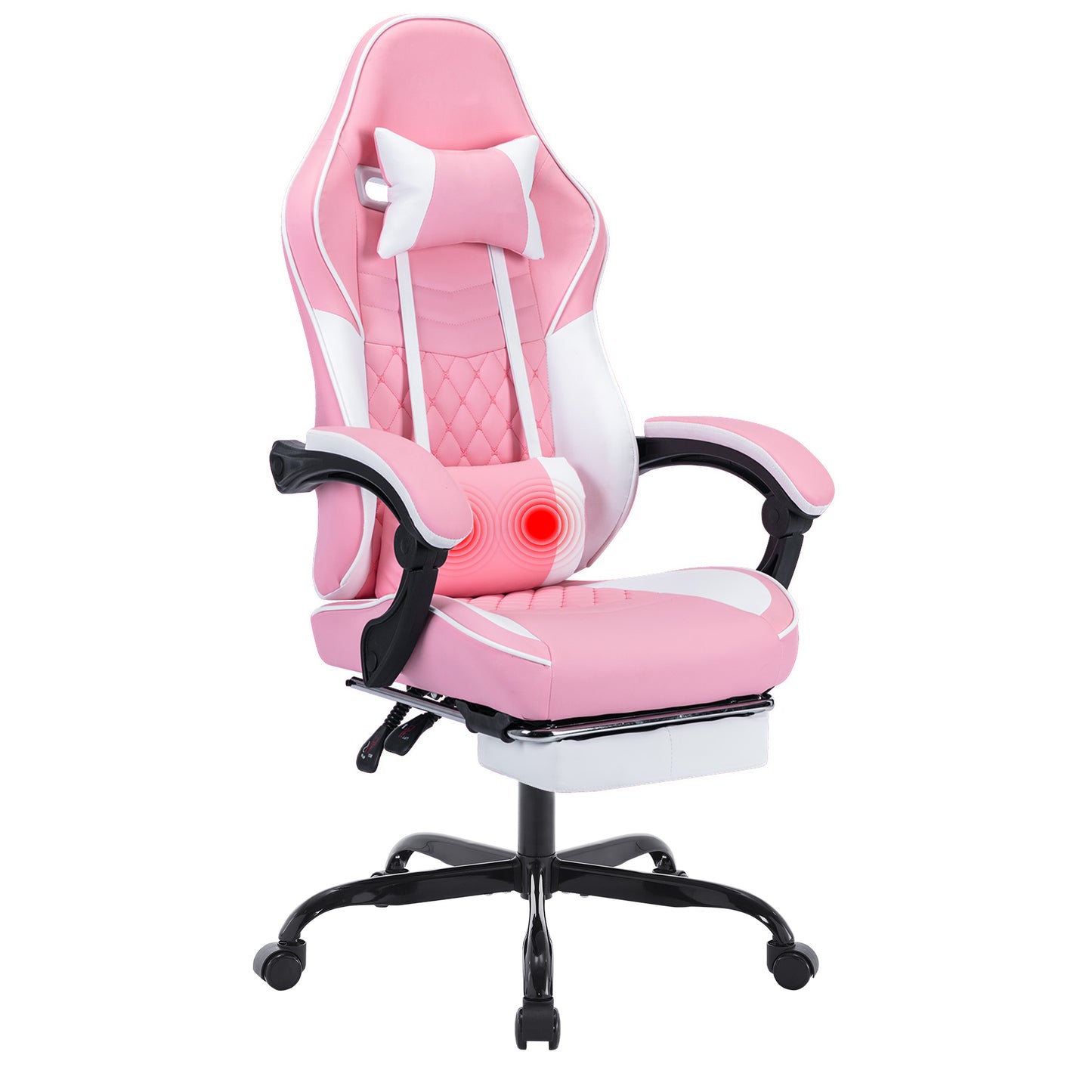 Ergonomic Gaming Chair with Massage Lumbar Support & Footrest - Pink & White