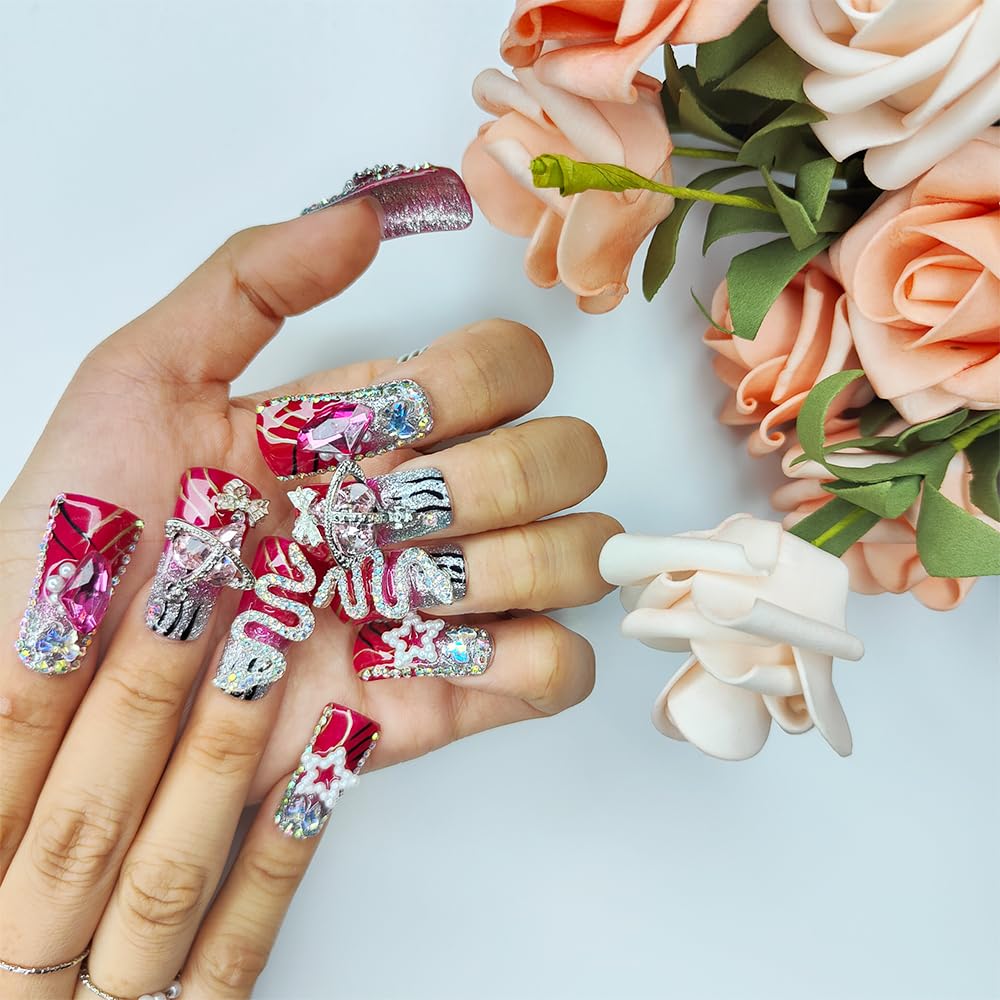 Medium Square Press-On Nails - Scarlet Serpent Design with Stars
