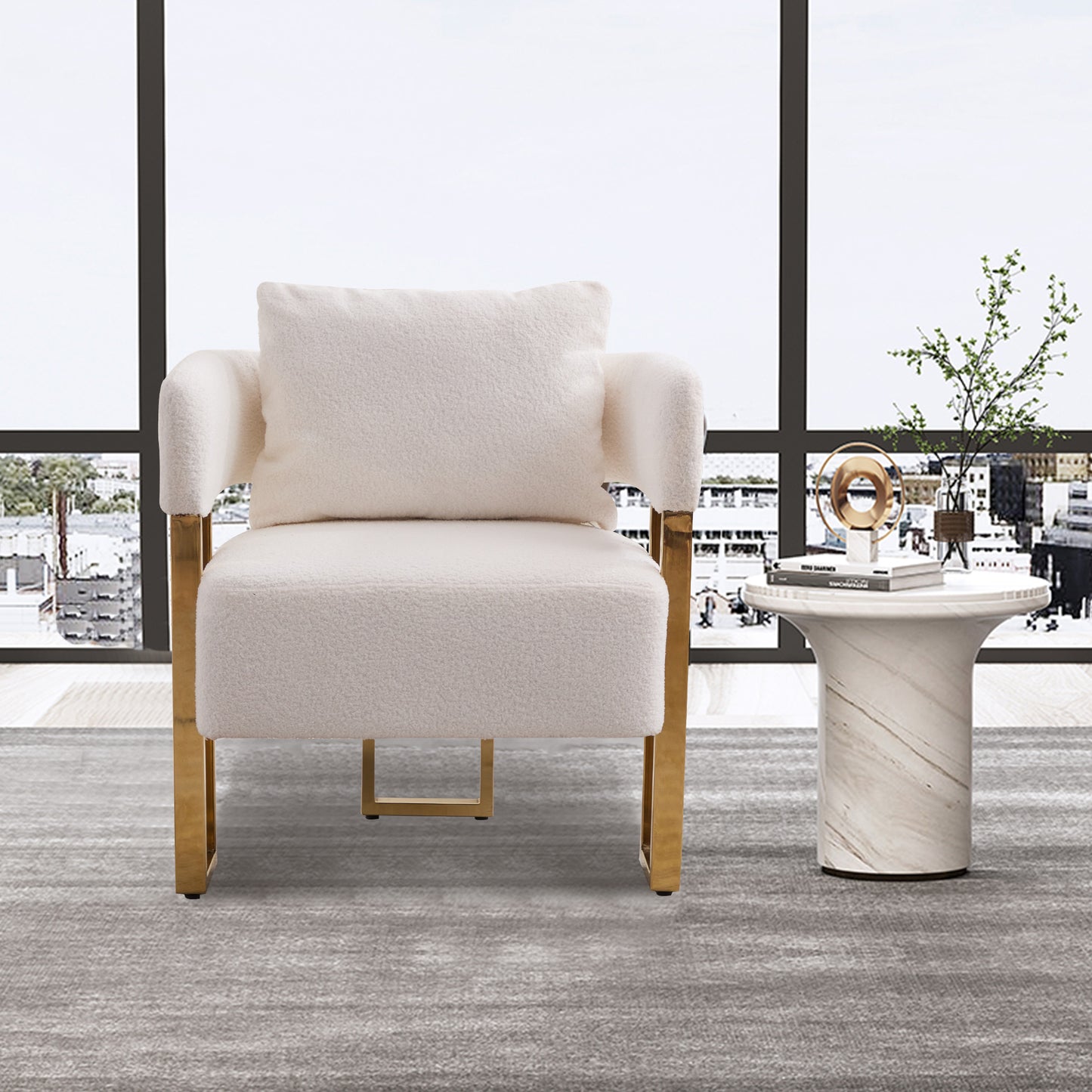 Modern Decorative Chair with Gold Metal Legs - White