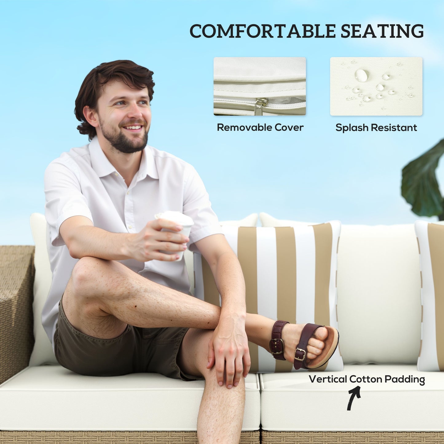 Cream White Rattan 3-Seater Patio Sofa with Cushions & Pillows