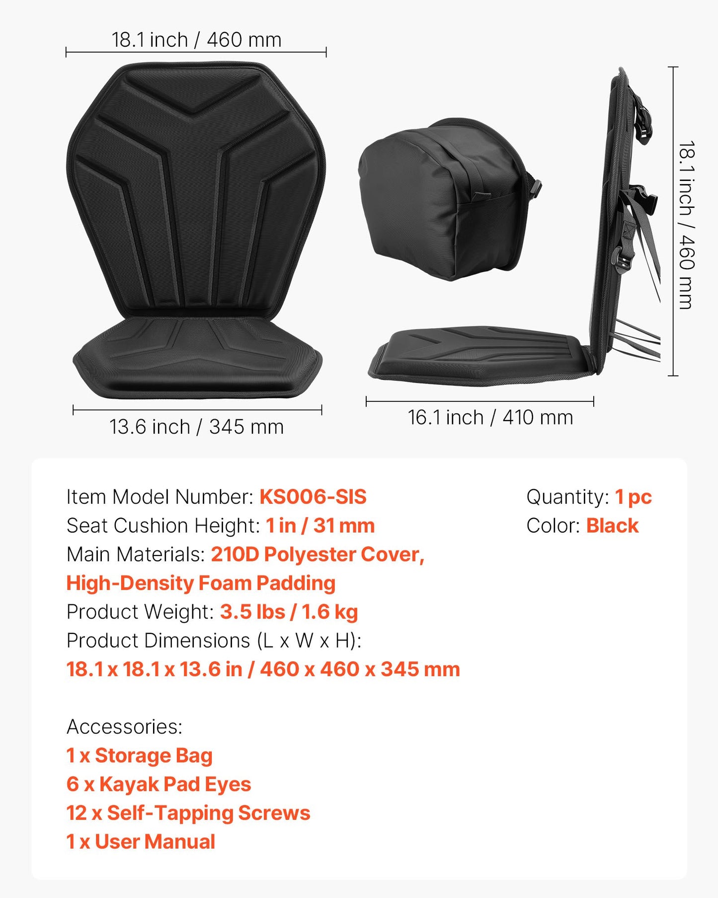 Universal Kayak Seat with Back Support, Padded Cushion, Straps & Storage Bag