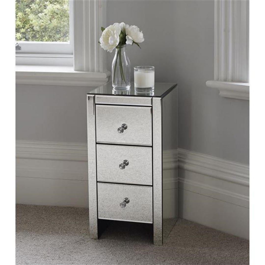 Mirrored Glass Bedside Table with 3 Drawers - Silver