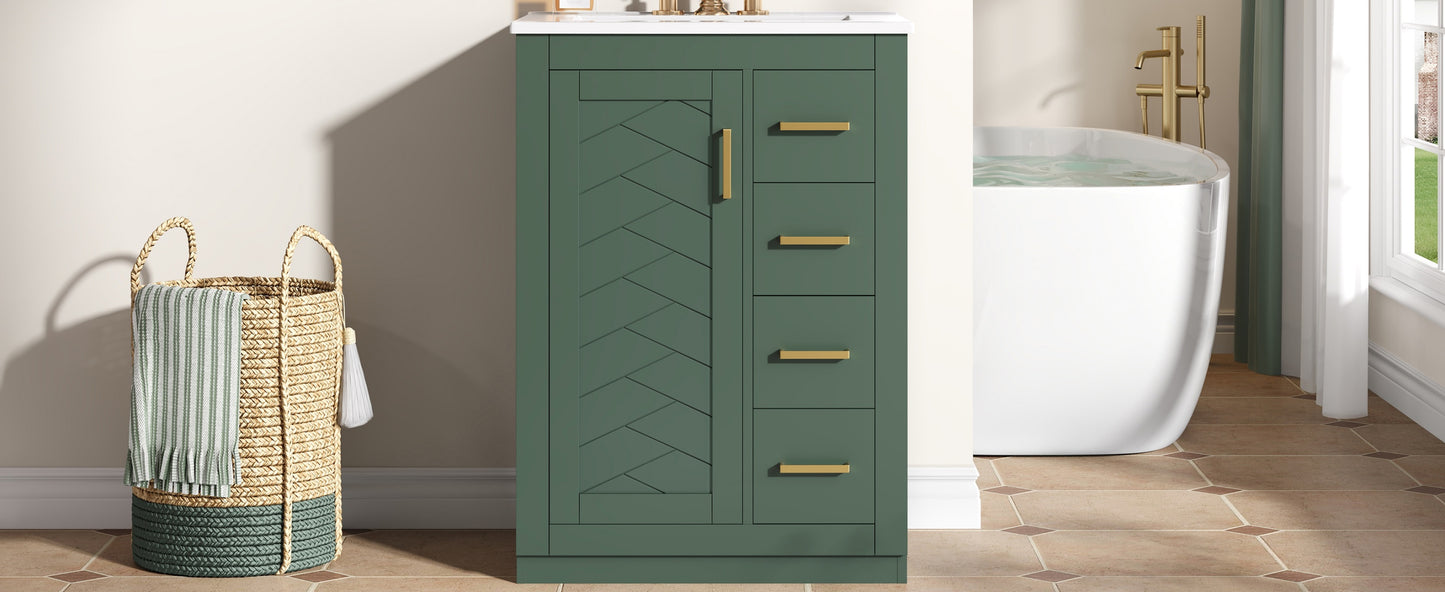 24" Green Bathroom Vanity with Integrated Ceramic Sink & 3 Drawers