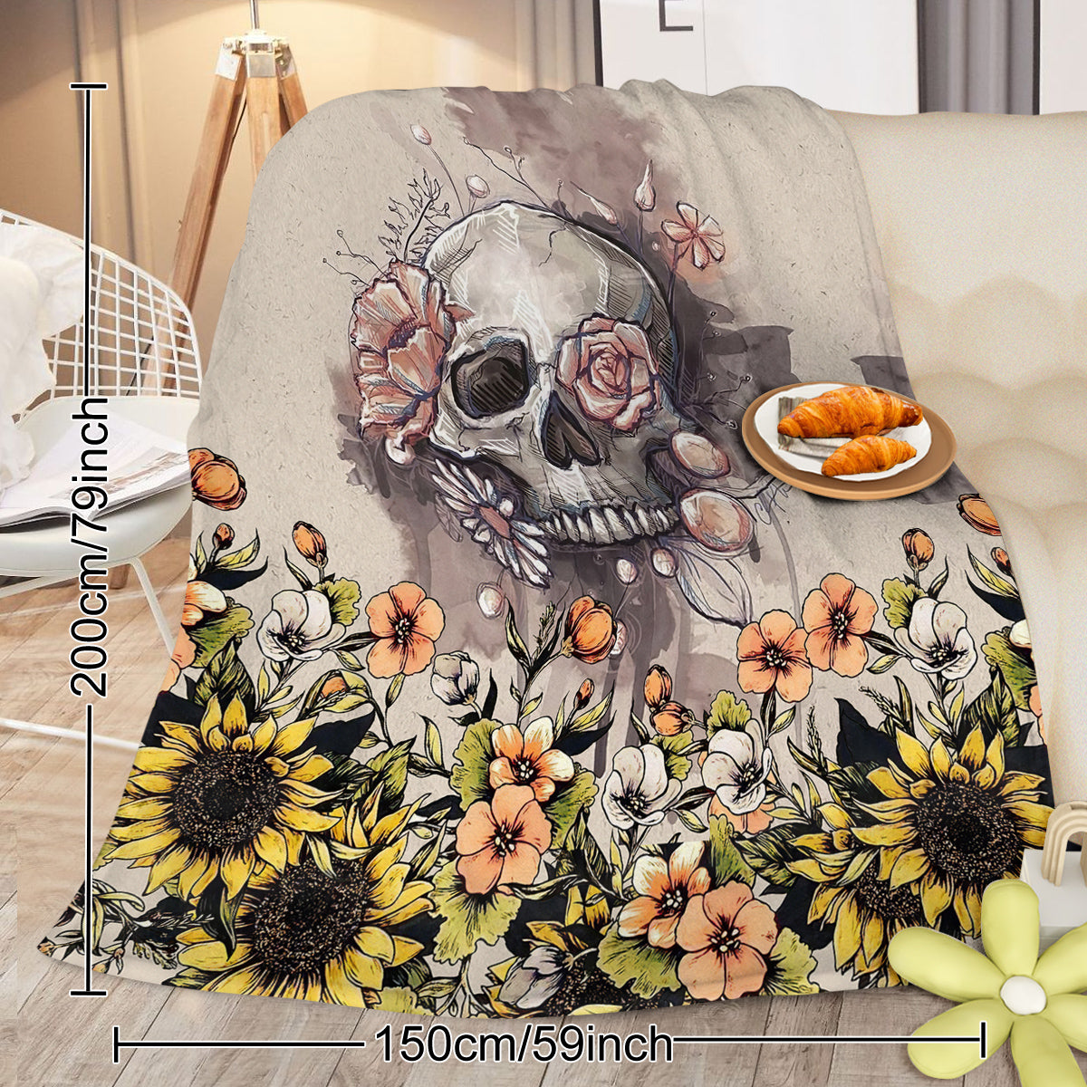 Rustic Skull Sunflower Flannel Fleece Throw Blanket - Multicolor