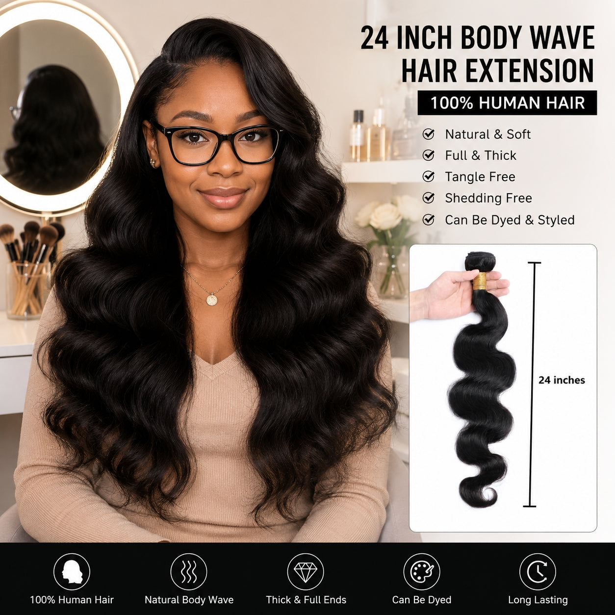 24-Inch Body Wave Human Hair Bundles - Virgin Remy Hair Weave