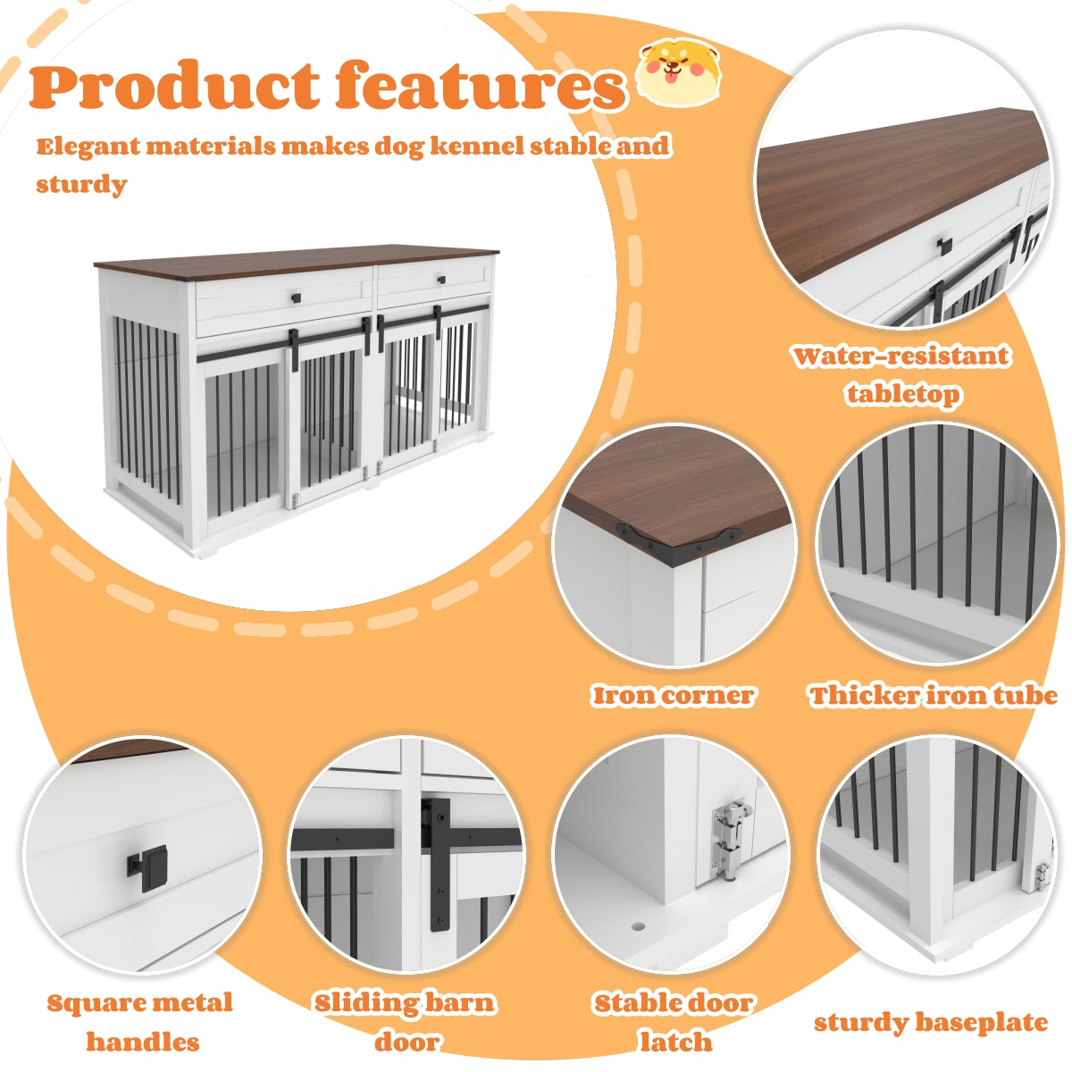 Large Wooden Dog Crate Furniture for Double Dogs with Storage, Divider & Sliding Doors