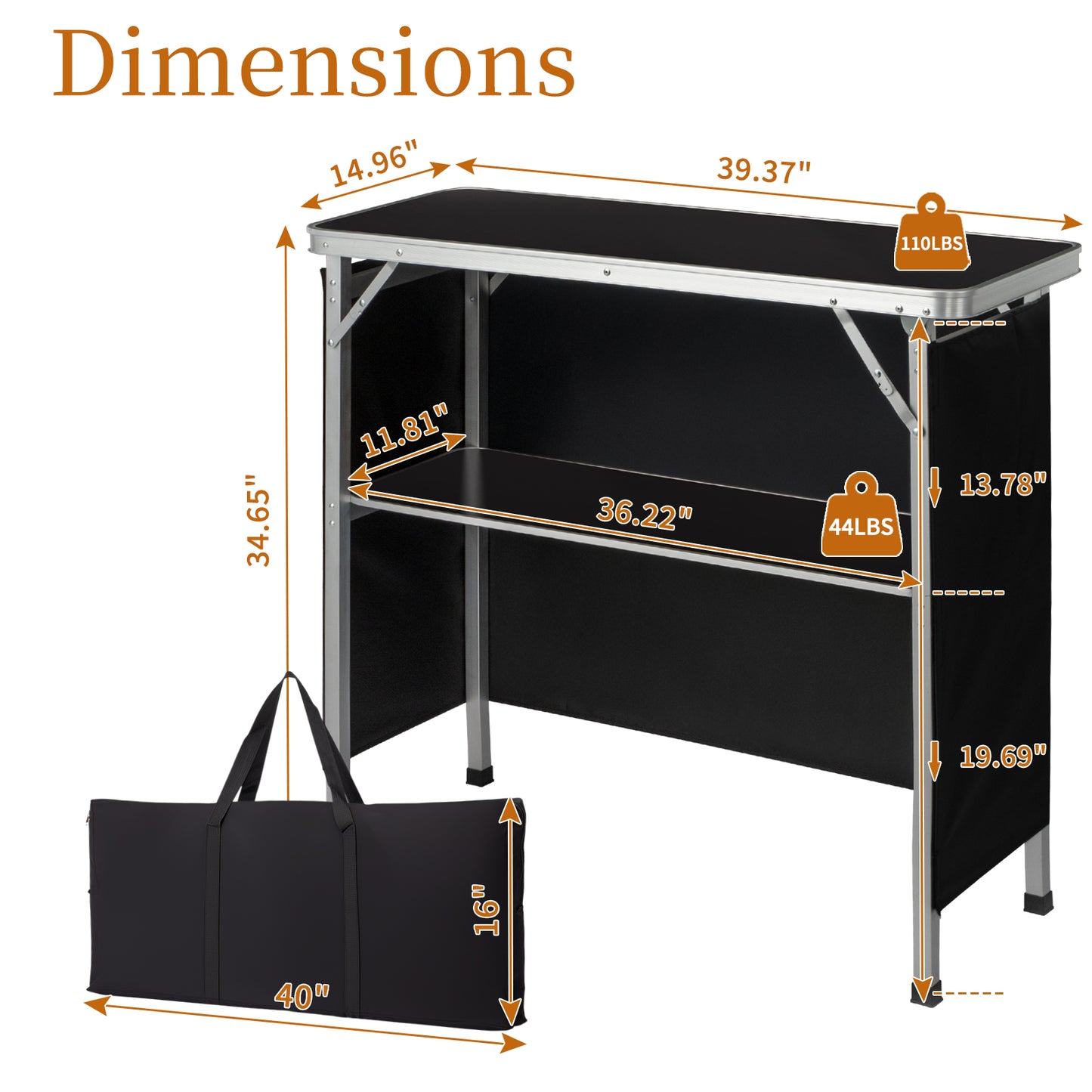 Portable Folding Bar Table with Storage Shelf - Black Skirt