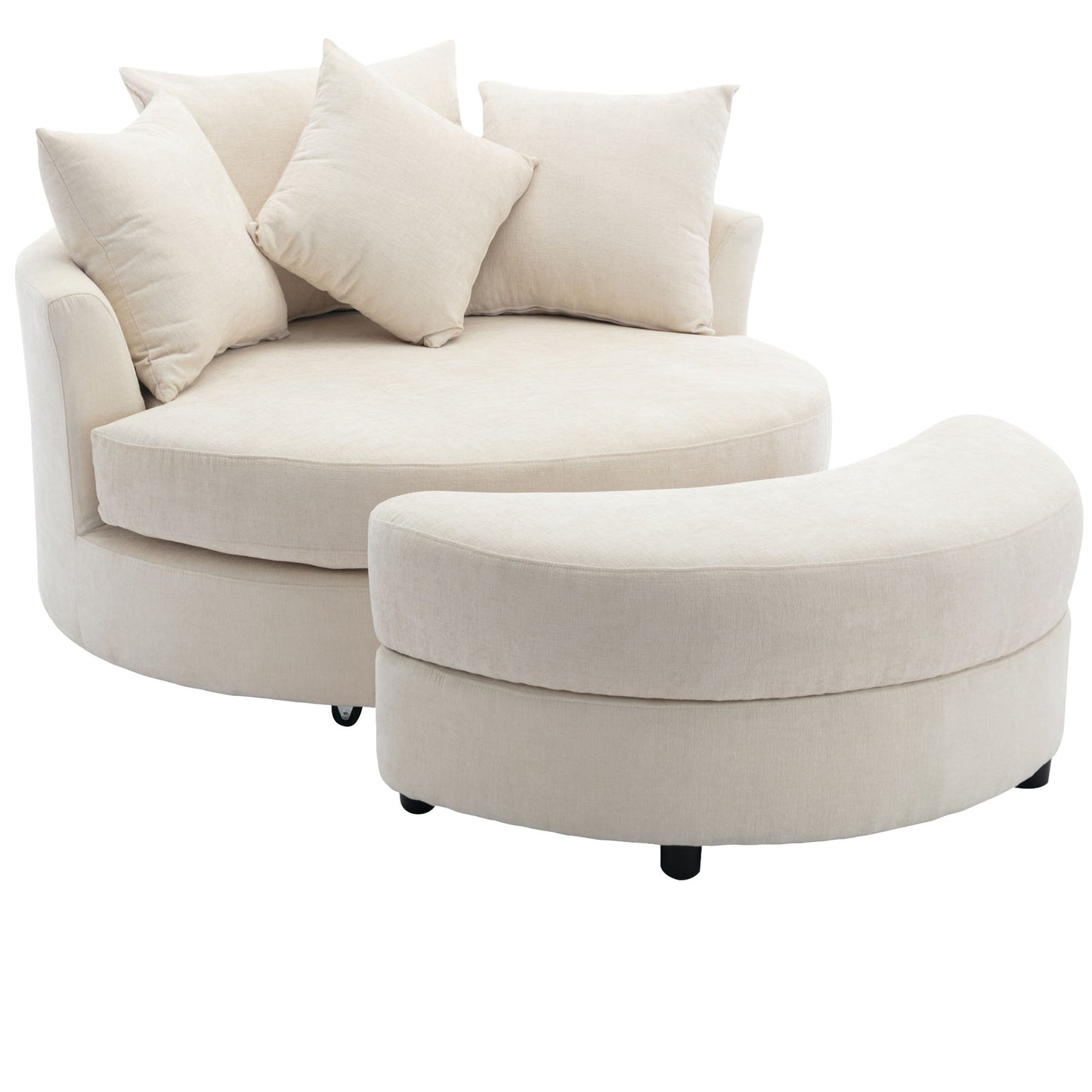 360° Swivel Accent Barrel Chair with Storage Ottoman & 4 Pillows - Cream