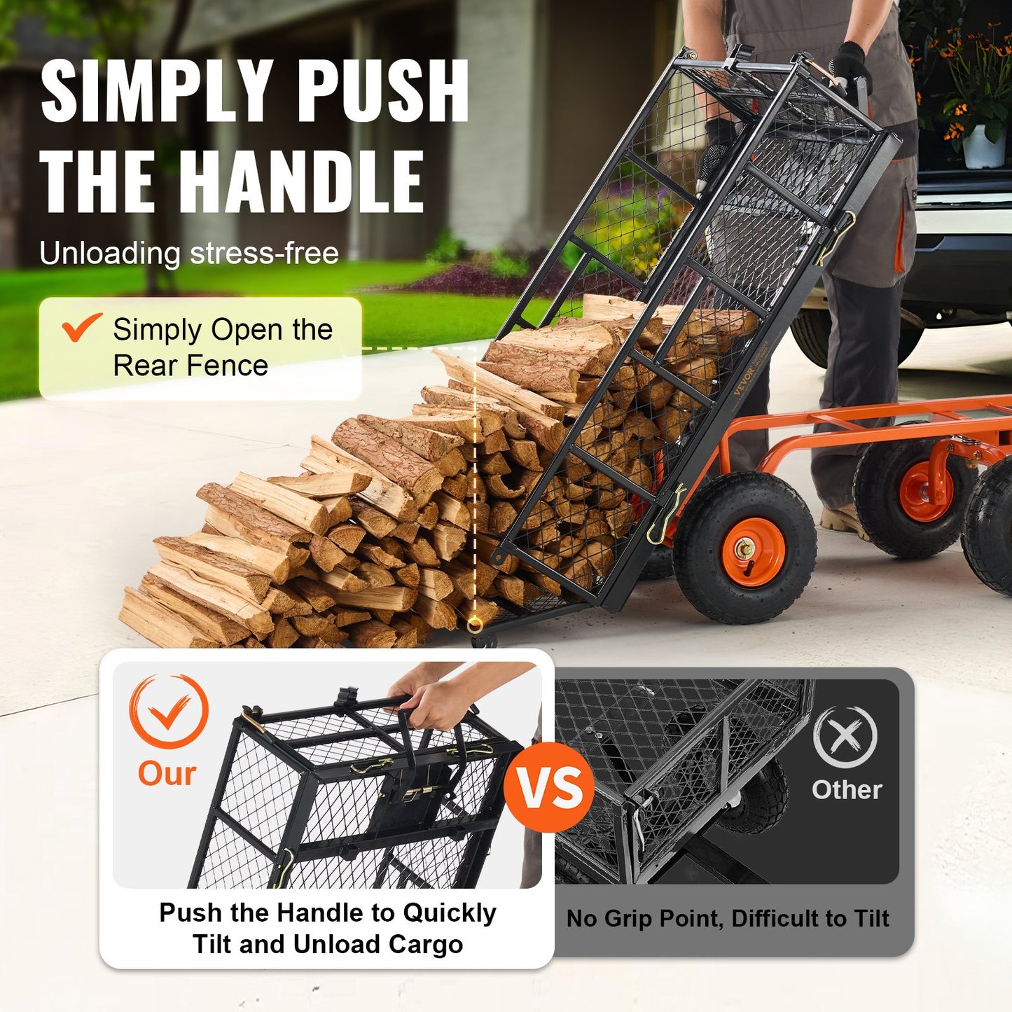 Heavy-Duty Garden Dump Cart with 880 Lb Capacity and 2-in-1 Handle - Black
