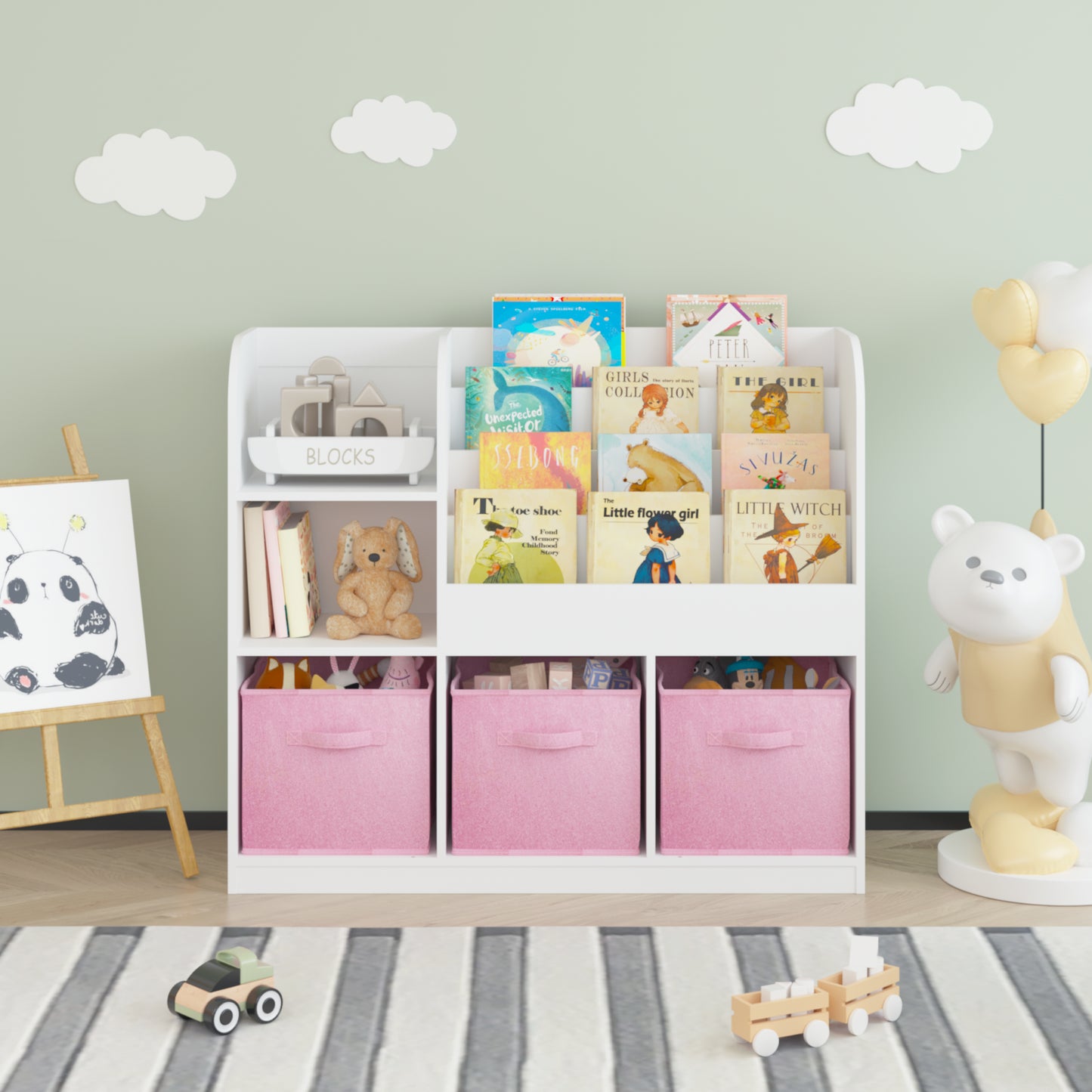 Kids Bookcase with 3 Fabric Drawers - White and Pink