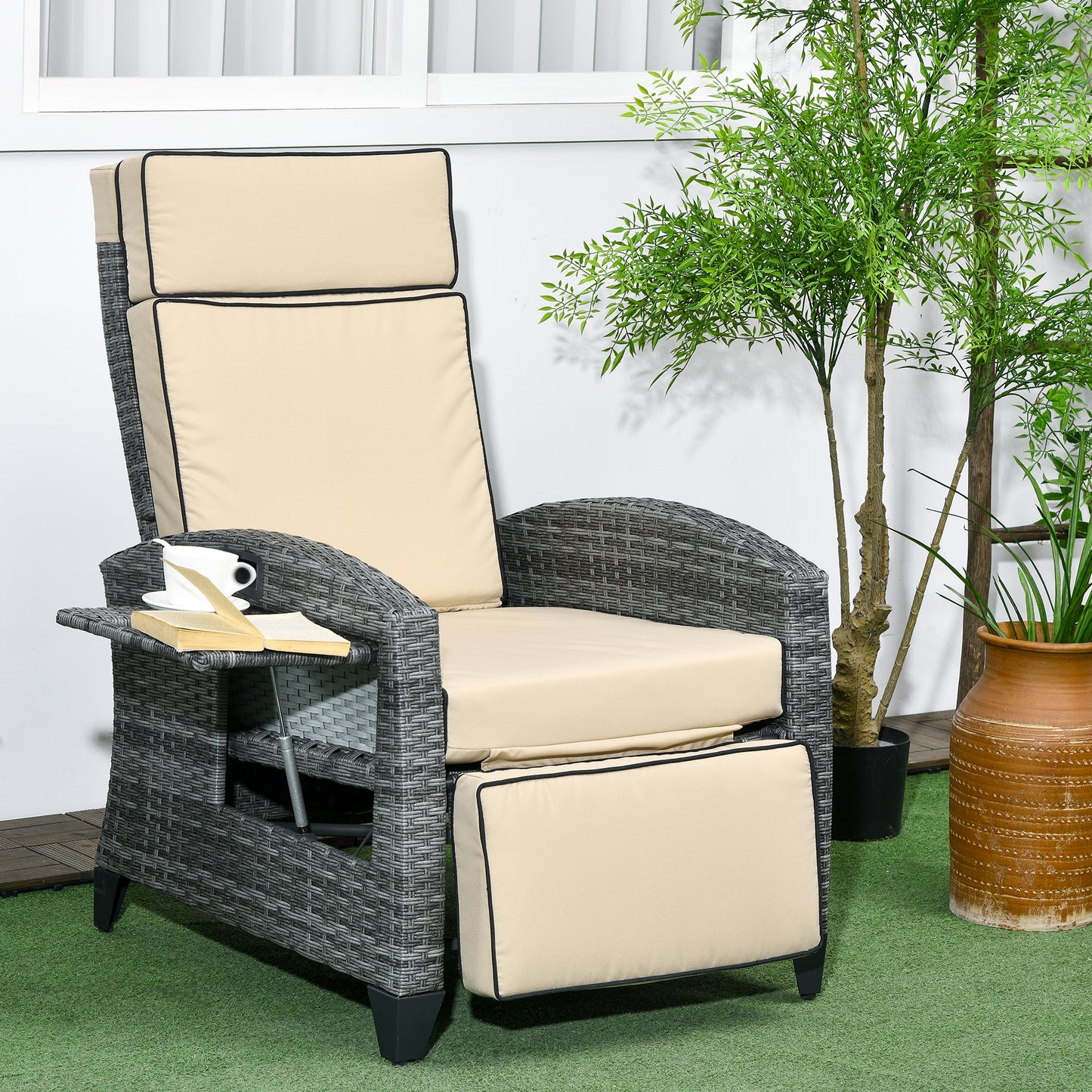 Outdoor Recliner Chair with Cushions and Tray Table - Khaki