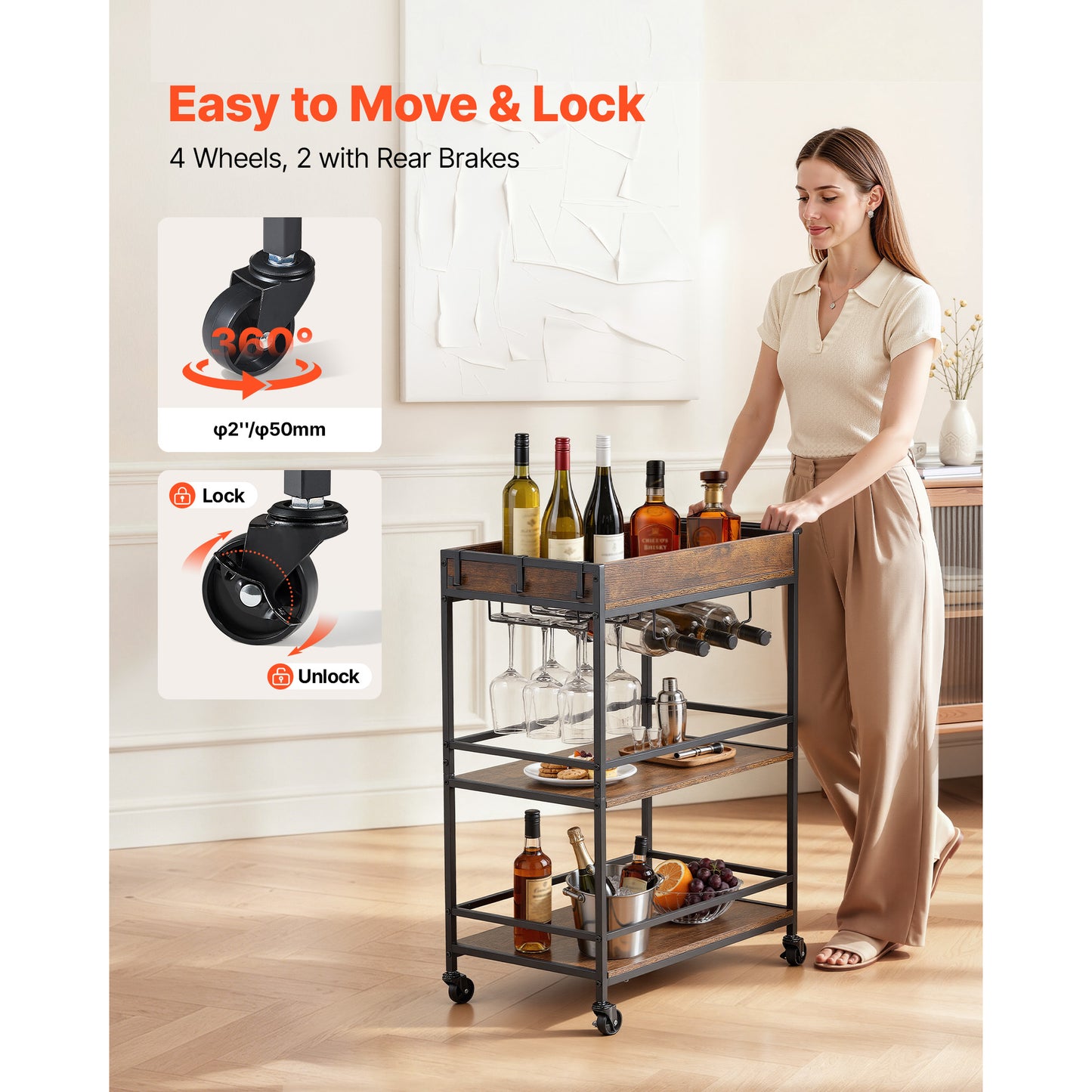 Bar Cart with 3 Tiers - Rustic Industrial Rolling Serving Cart with Wine Rack & Glass Holder