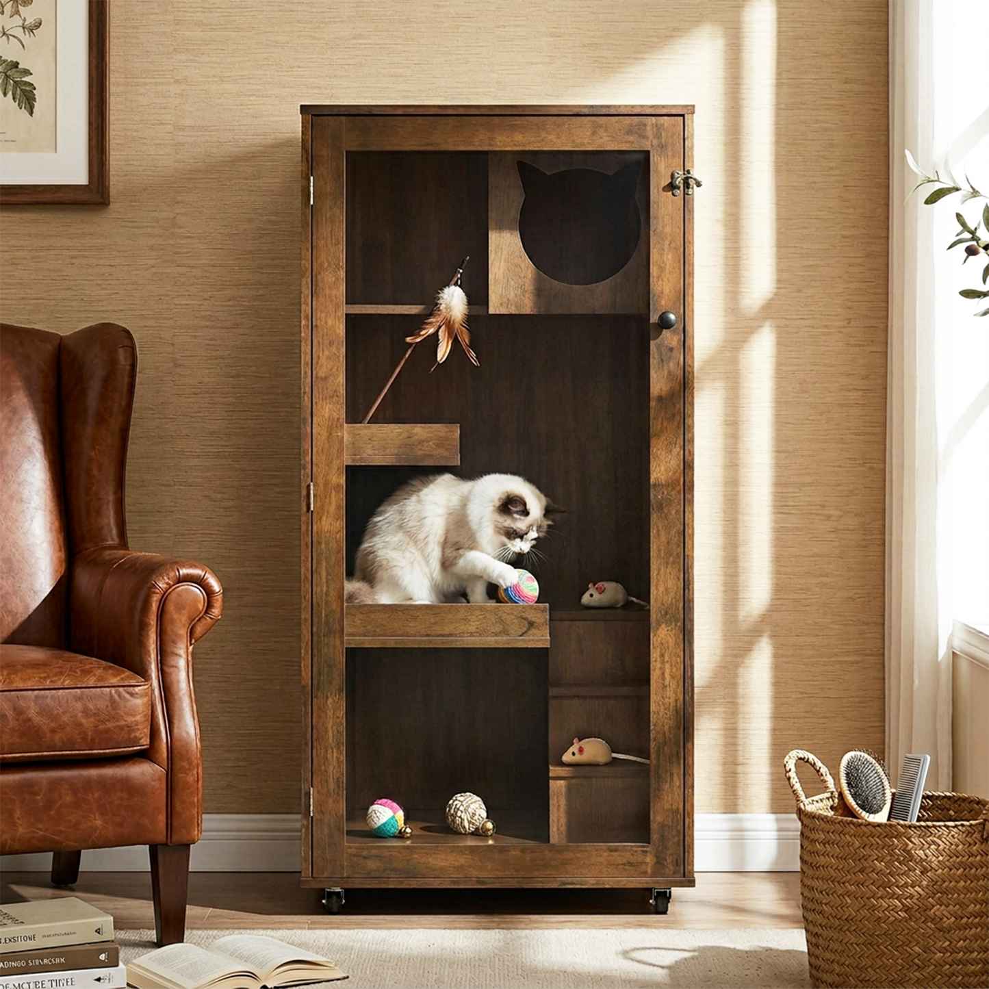 Indoor Rubber Wood Cat Enclosure with Multi-Level Shelves & Lockable Door - Brown Oak Finish