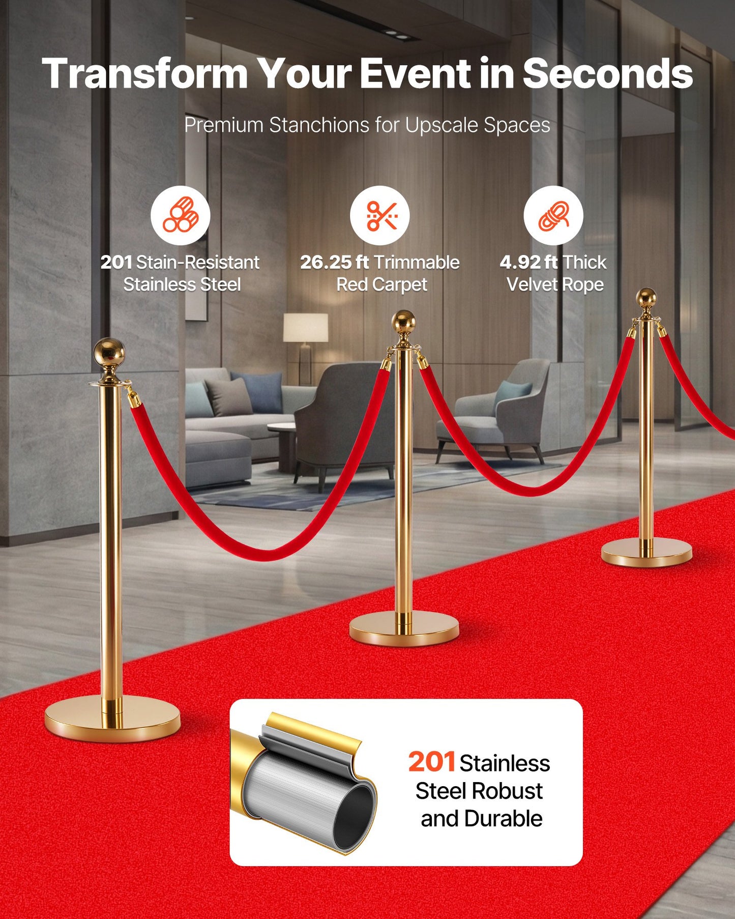 Crowd Control Barrier Set with Velvet Ropes and Red Carpet - Gold Stanchion Posts