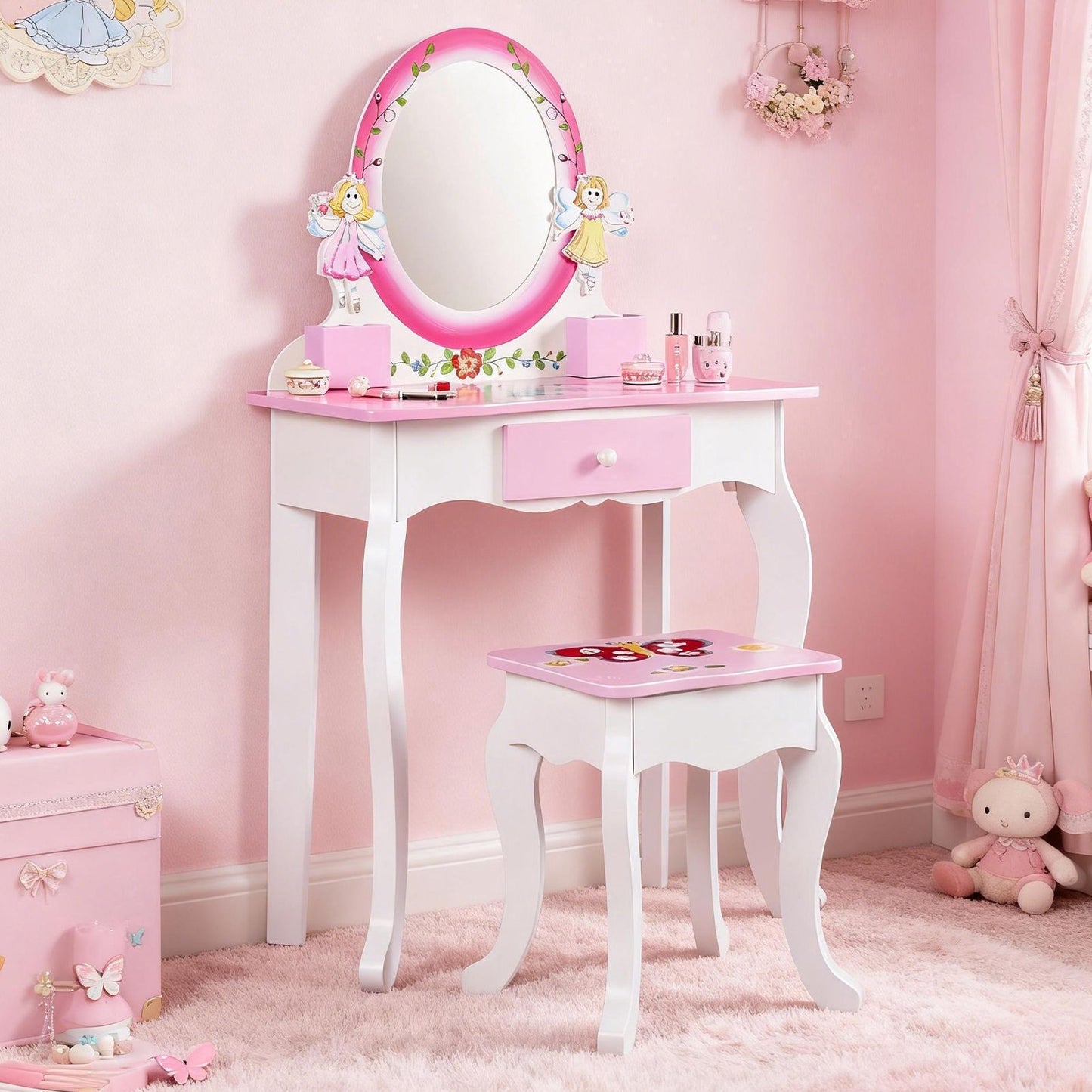 Kids Vanity Set Floral Printed Wooden Makeup Dressing Princess Table