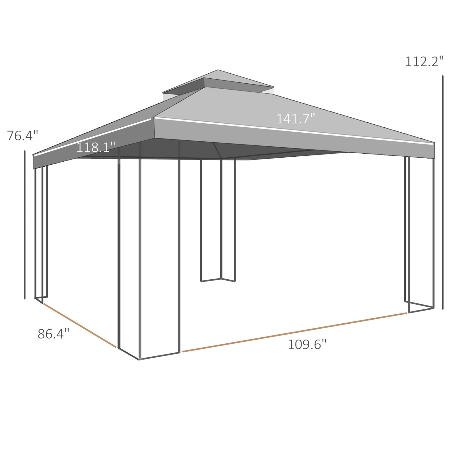 10x12 Outdoor Gazebo with Double Roof & Corner Shelves - Brown