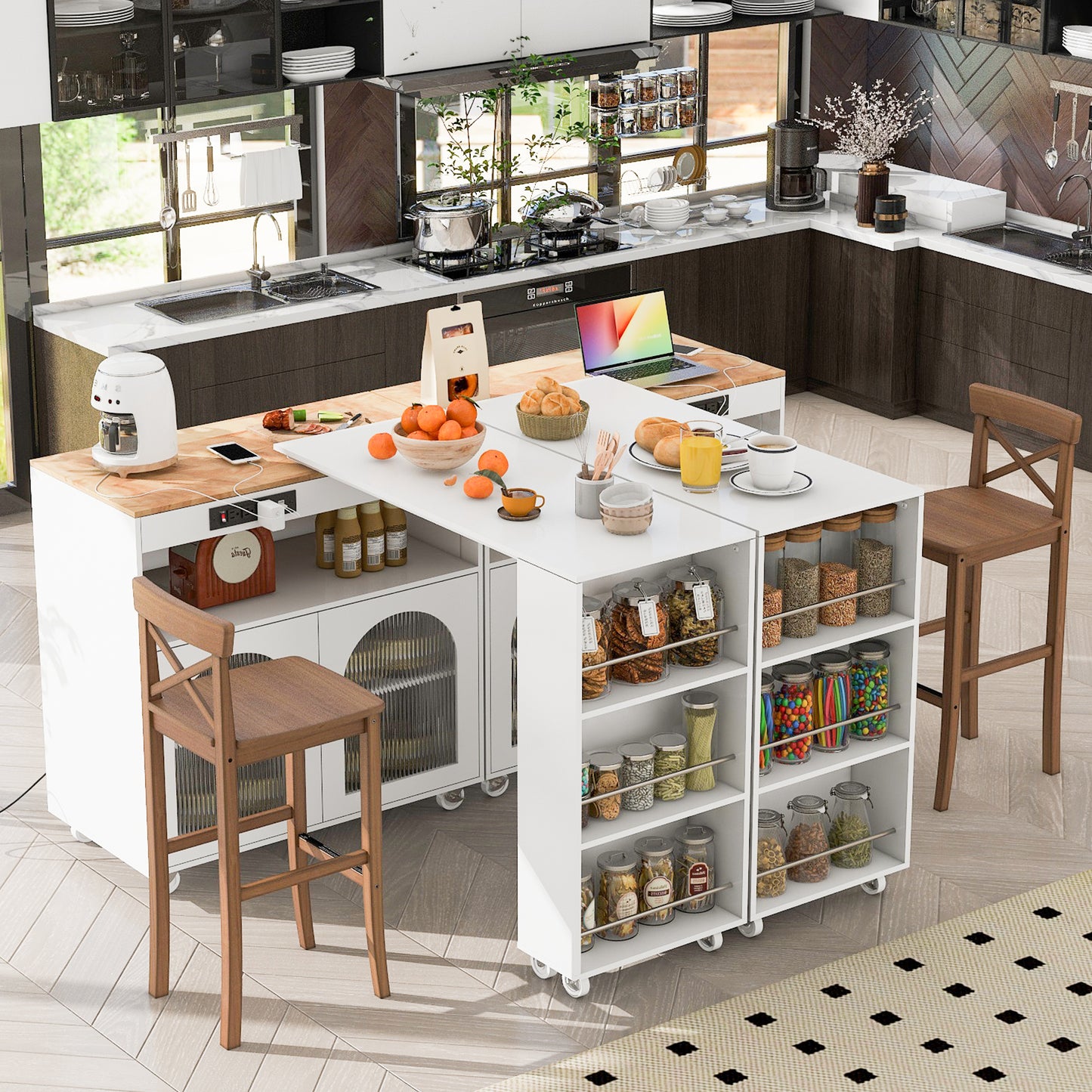 K&K Rolling Kitchen Island With Extended Table,Kitchen On Wheels LED