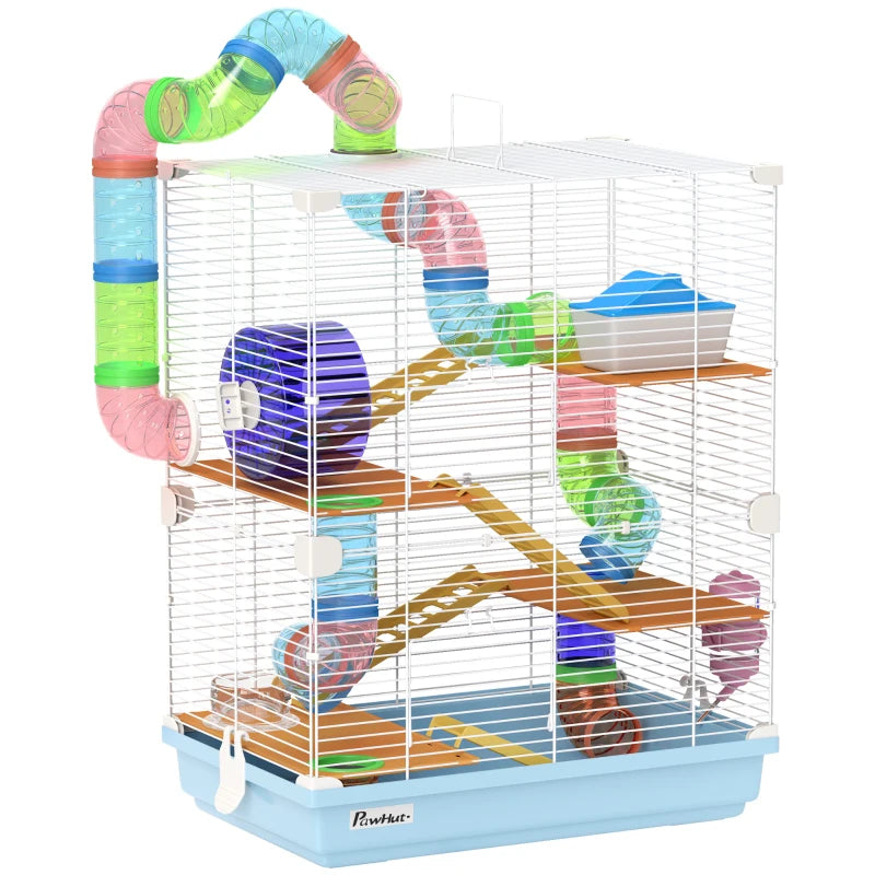 Pet Hamster Cage with Exercise Wheel and Tubes, 5 Tiers, Portable Light Blue