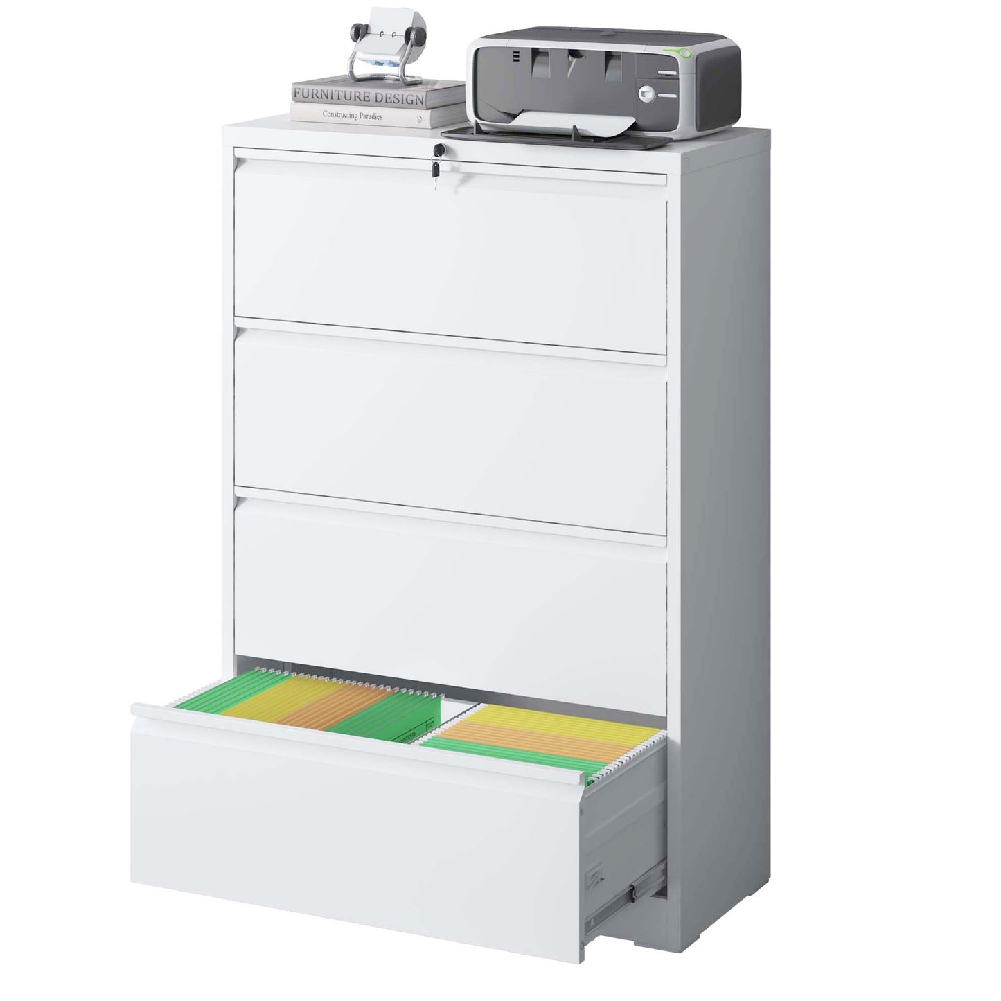 Lateral File Cabinet 4 Drawer, White Filing With Lock, Lockable For