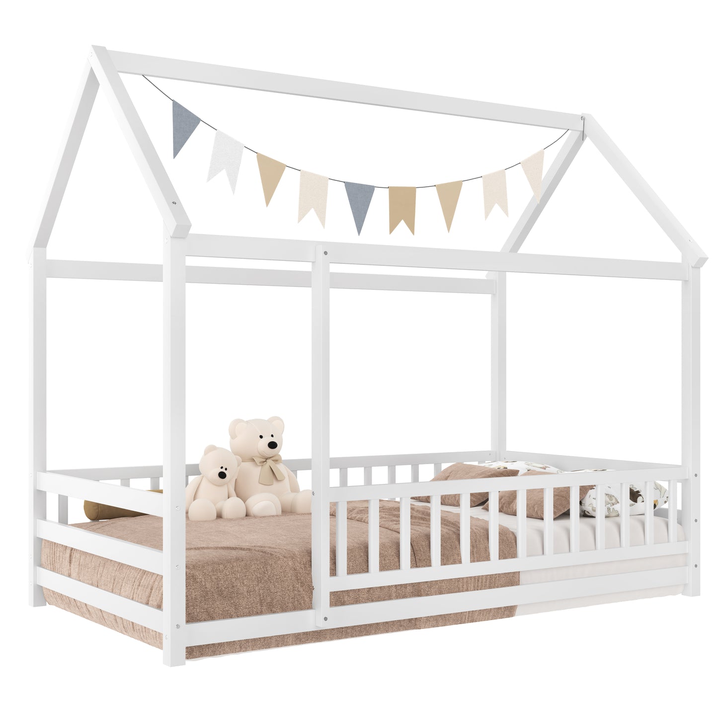 Twin Size Wooden Bed with House Roof Frame and Guardrails - White