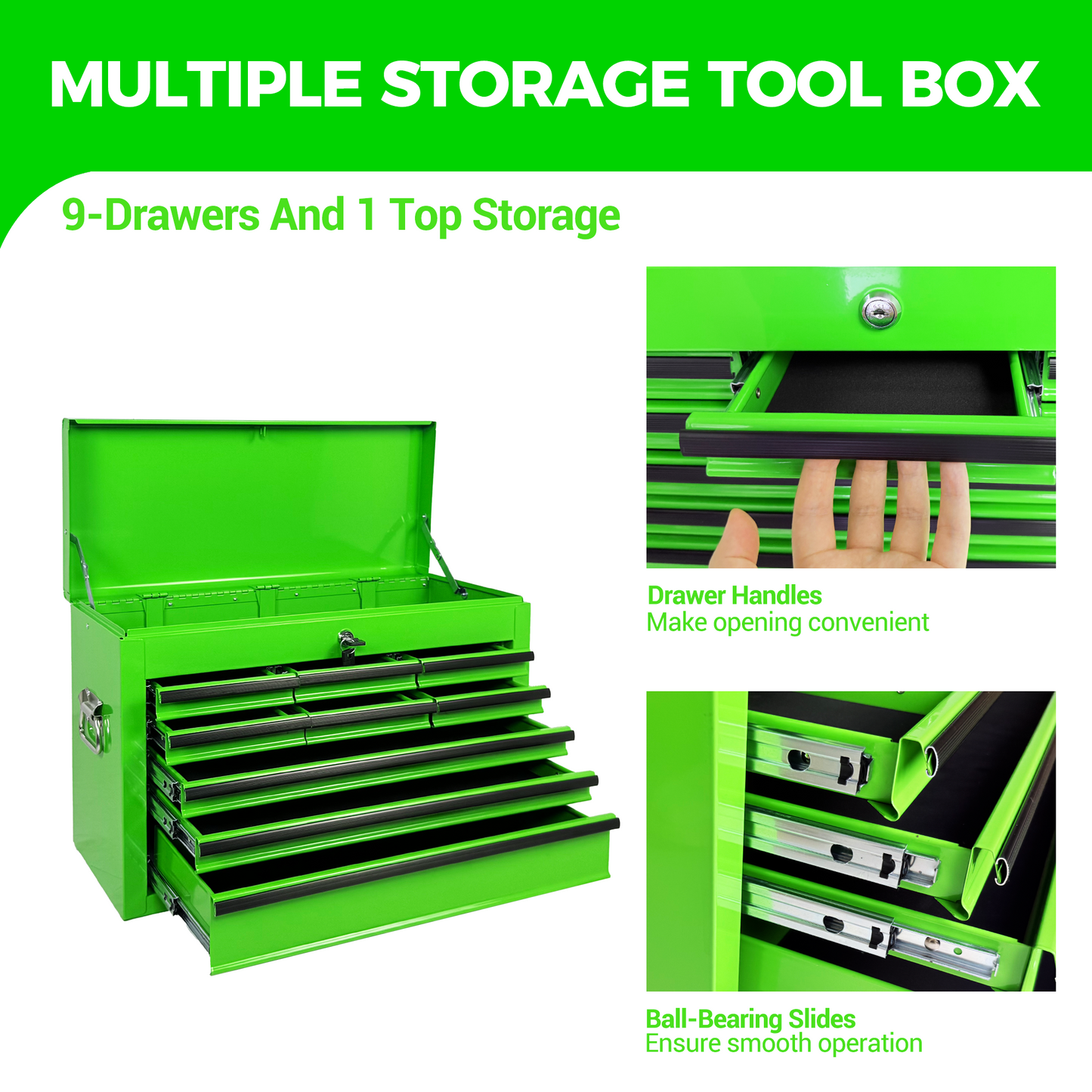 Heavy Duty Metal Tool Box 24 Inch with 9 Drawers - Portable Steel Organizer in Green