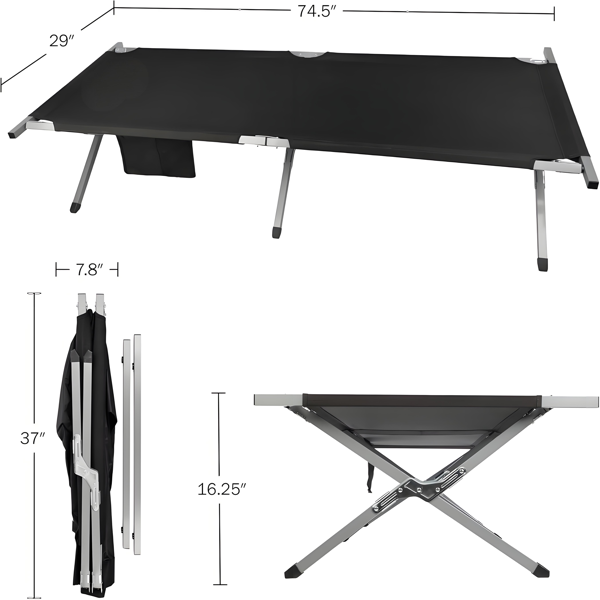 Portable Folding Camping Cot with Carrying Bag - Black
