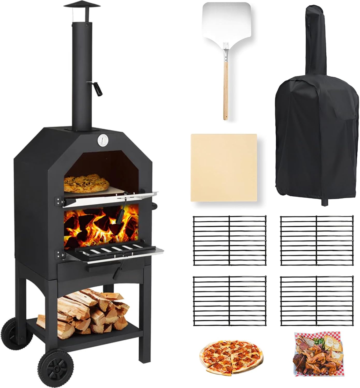 Outdoor Pizza Oven, Wood Fired Oven With Wheels For Outside, Portable