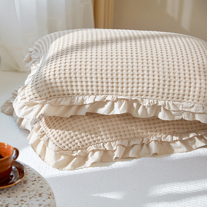 Cotton Waffle Pillowcase Set - Ruffled Single-Piece Bedding for Bedroom