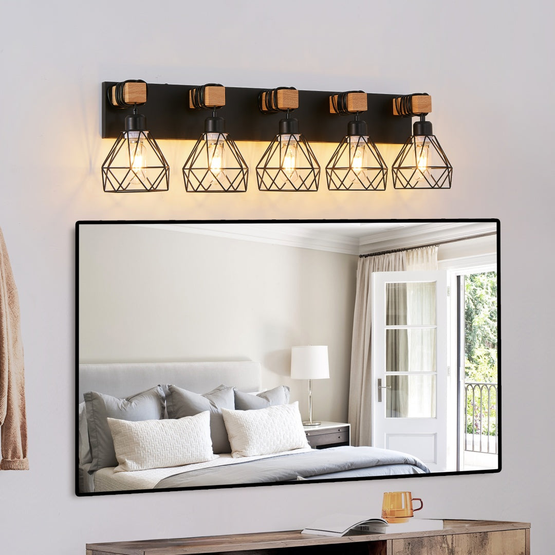 Modern Geometric 5-Light Vanity Light Fixture - Black Metal & Wood