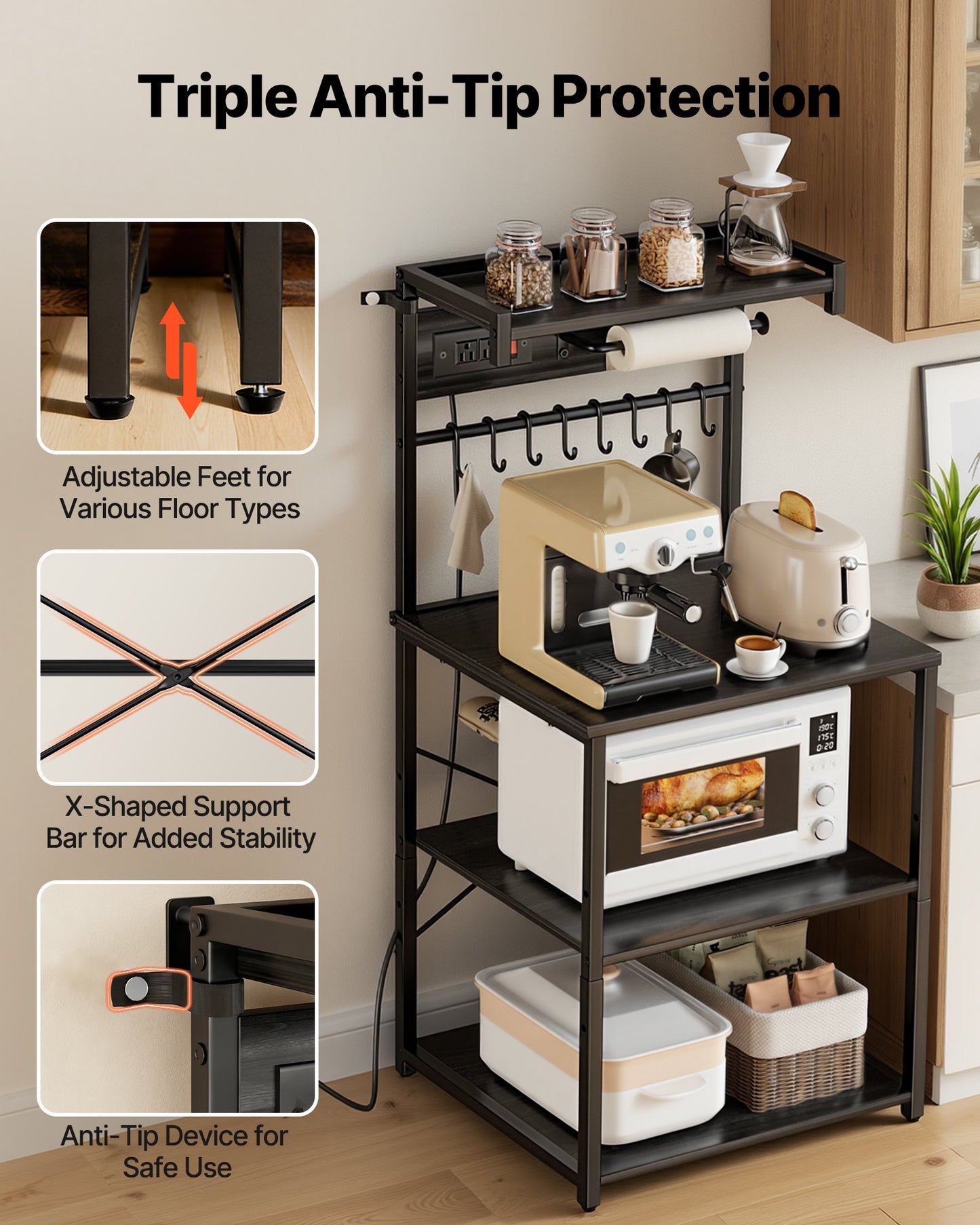 Kitchen Bakers Rack with Power Outlet and Hooks - 4.6ft Black