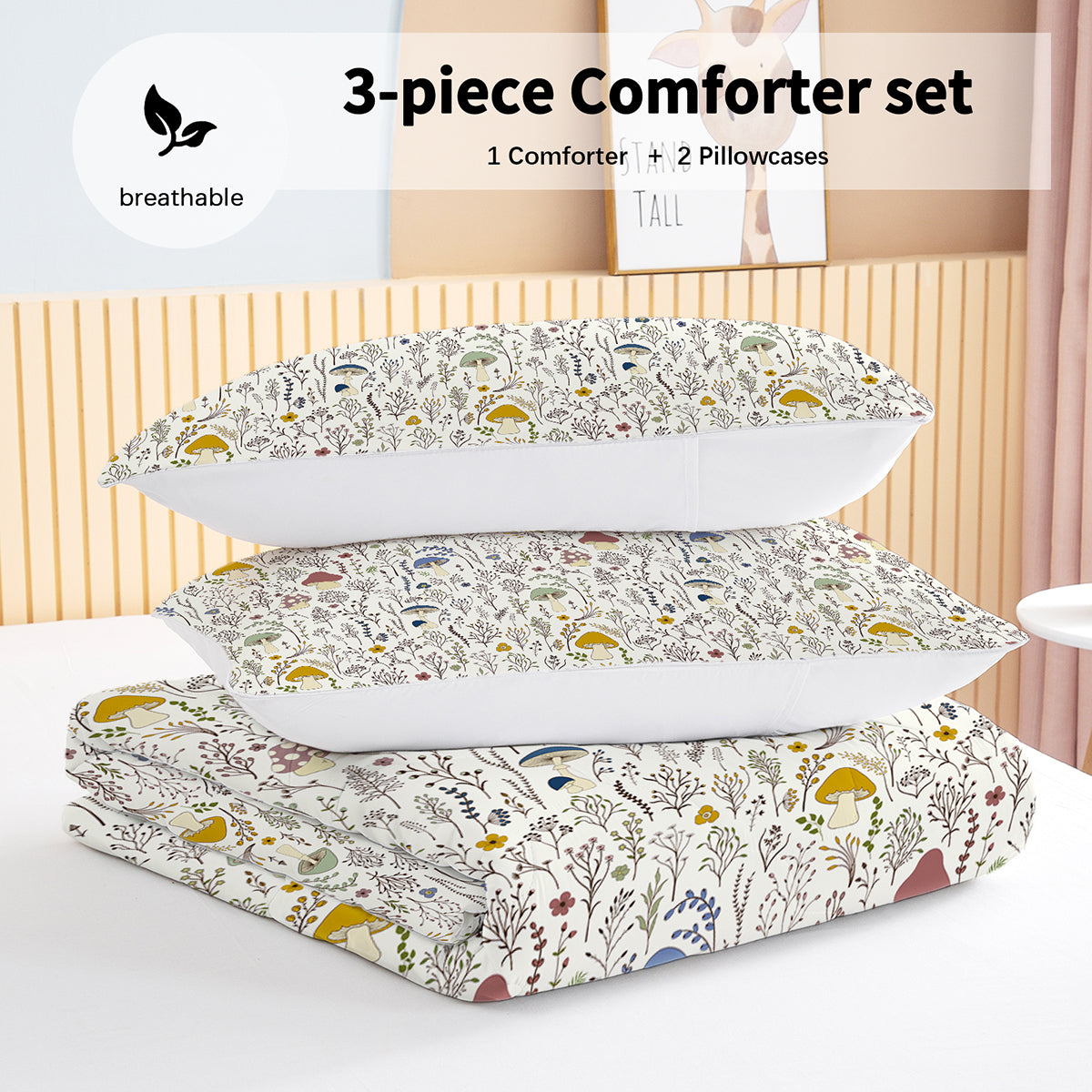 3-Piece Mushroom Comforter Set - Soft Microfiber Bedding