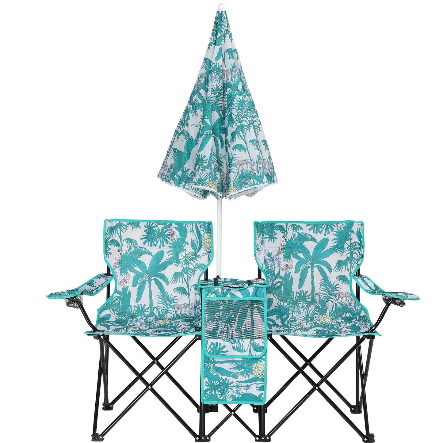 Portable 2-Seat Folding Fishing Chair with Umbrella - Pineapple Pattern