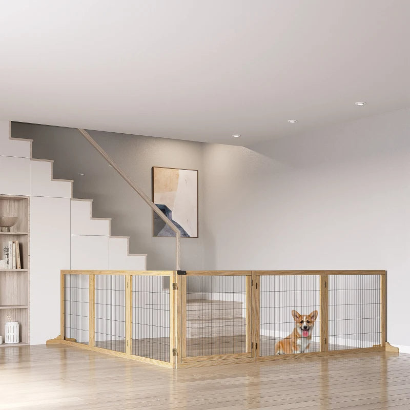 Wooden Pet Gate 6-Panel Folding Dog Safety Barrier for Small & Medium Dogs