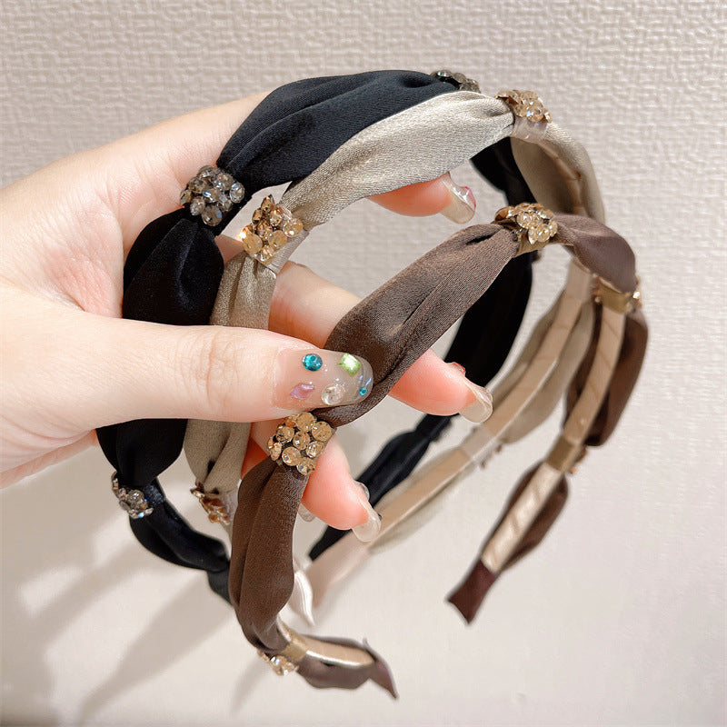 Luxury Silk Hairband with Rhinestones & Bow Knot - Handmade Women’s Accessory