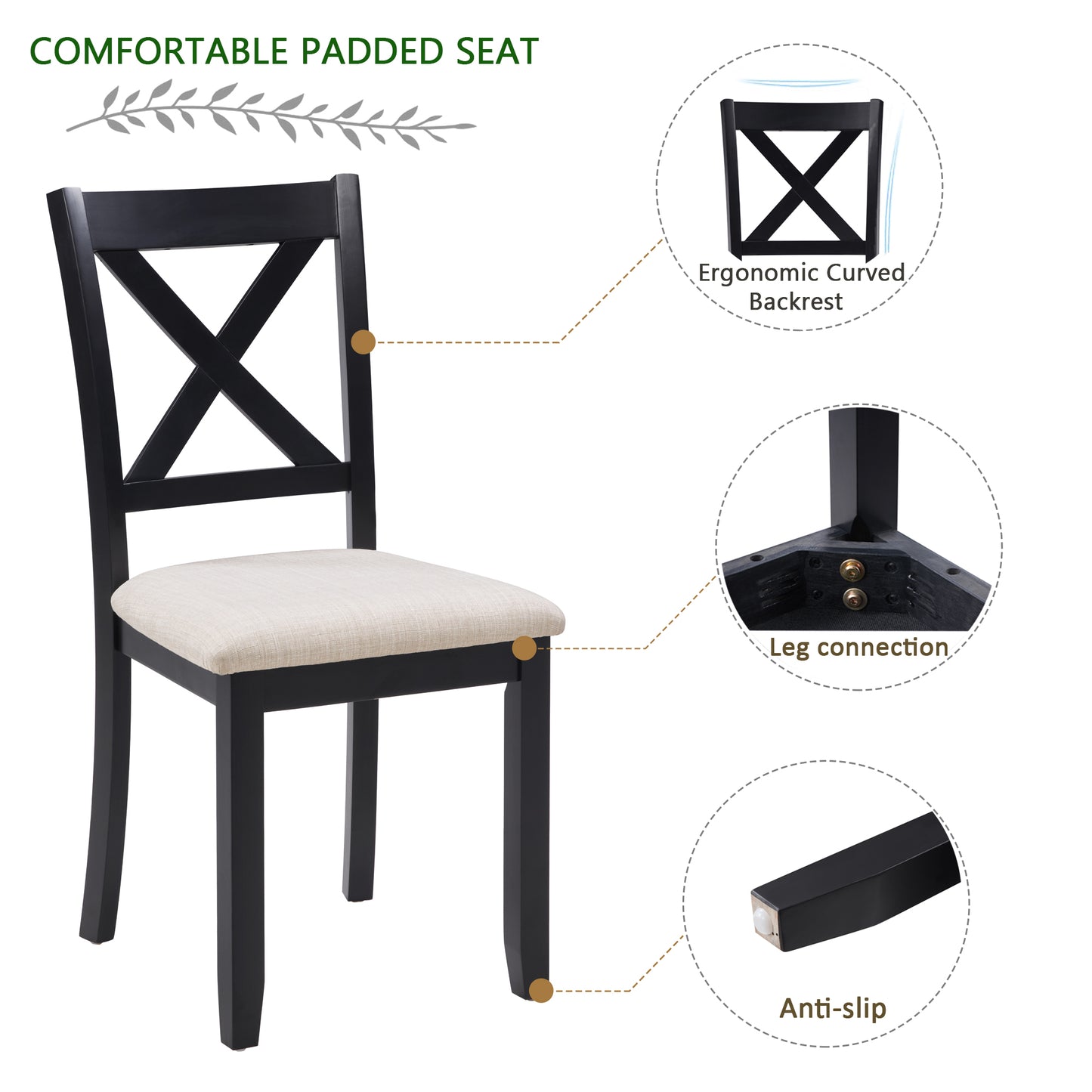 Wooden Dining Chairs Set of 4 with Padded Seat - Black & Beige