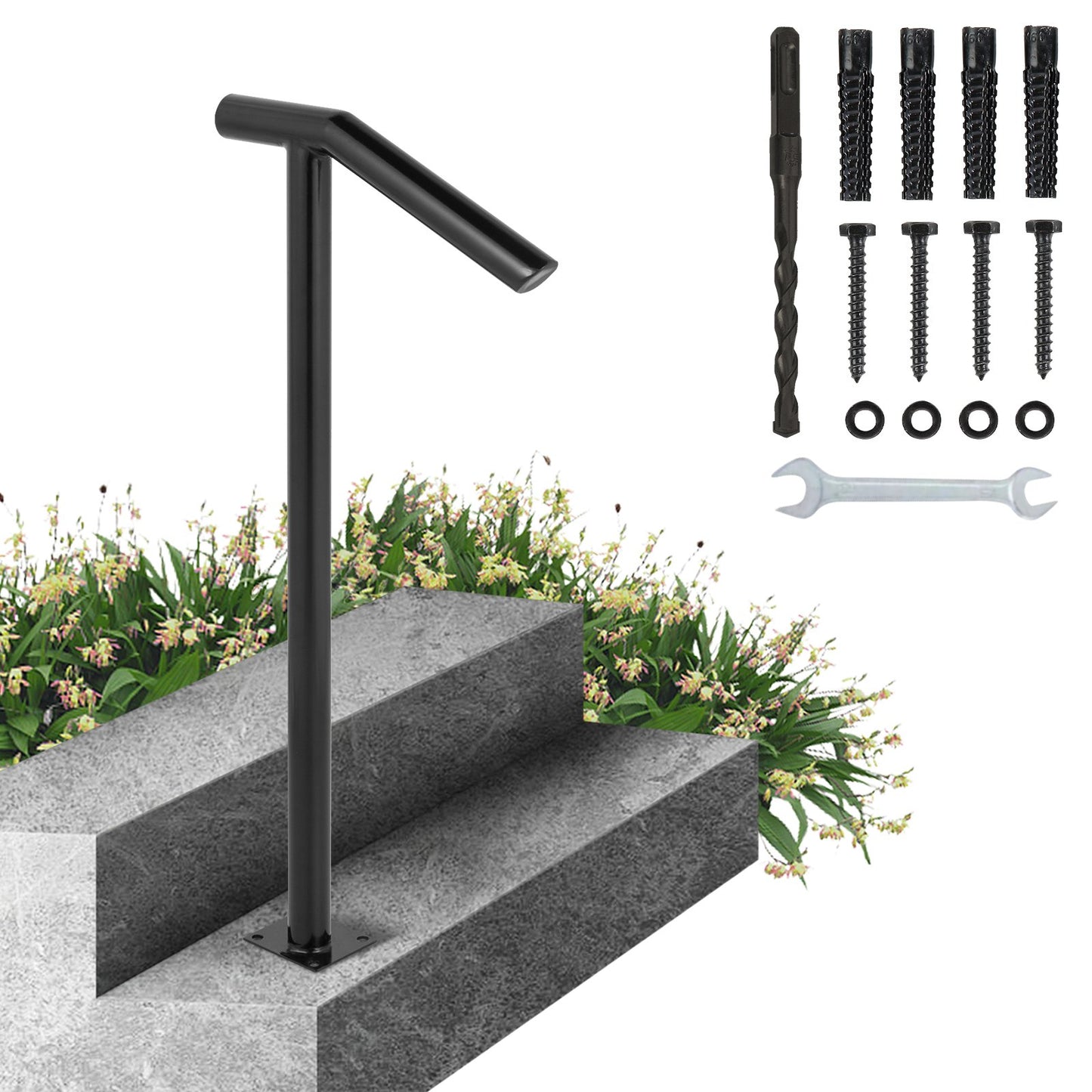 Black Steel Handrail for Outdoor Steps – 441LBS Capacity