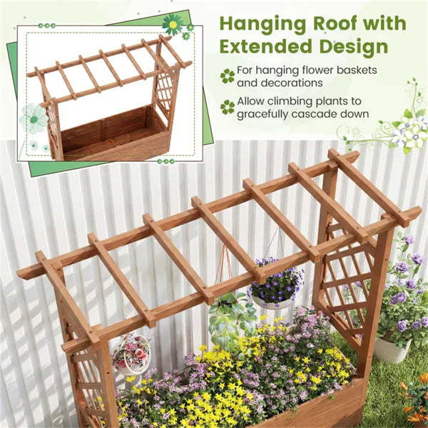 Natural Pine Wood Raised Garden Bed with Hanging Roof - Outdoor Planting