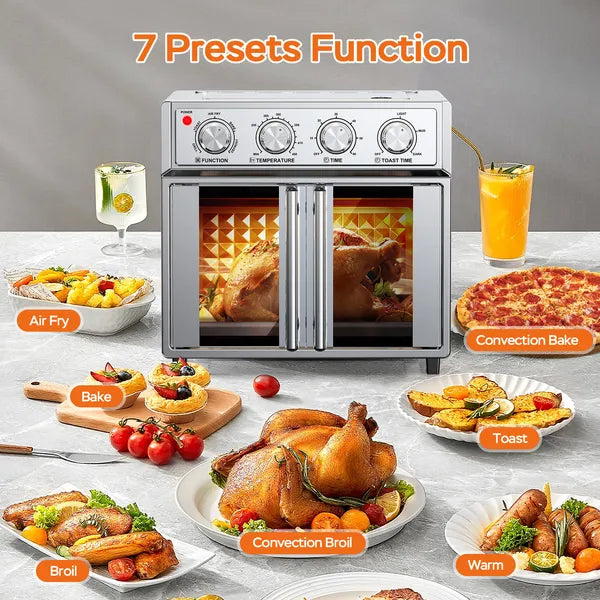 French Door Air Fryer Convection Toaster Oven 29.5 QT Extra Large 6 Slices - Silver