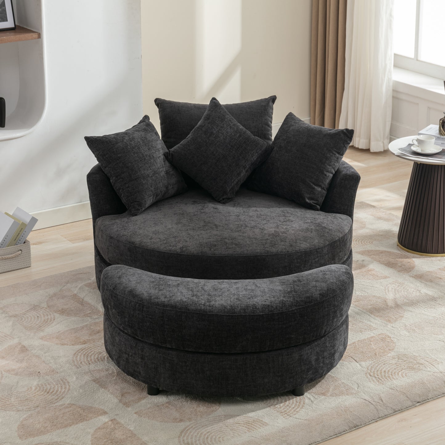 360° Swivel Accent Barrel Chair with Storage Ottoman & 4 Pillows - Gray