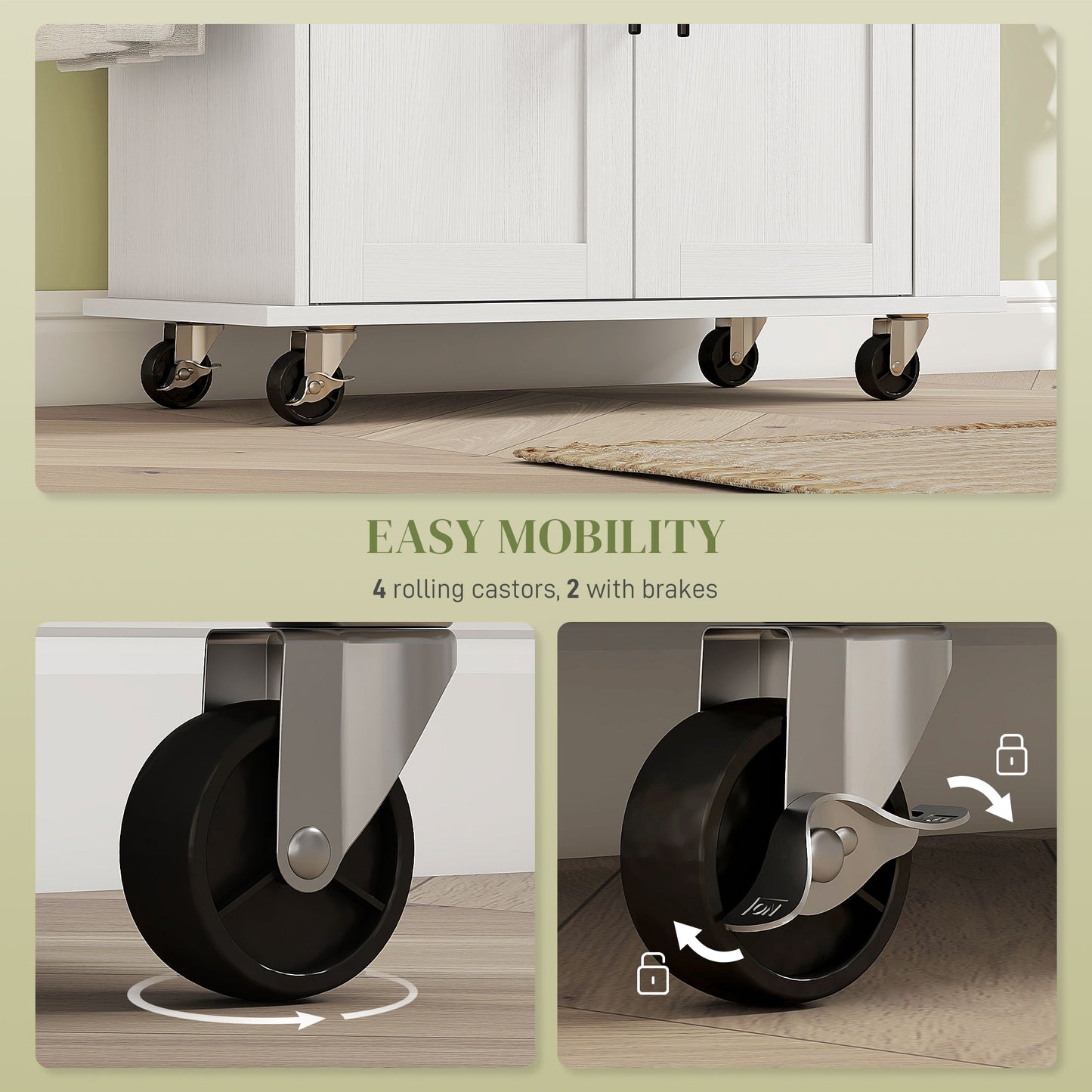 Rolling Kitchen Island with Wheels, Power Outlets & Storage - White
