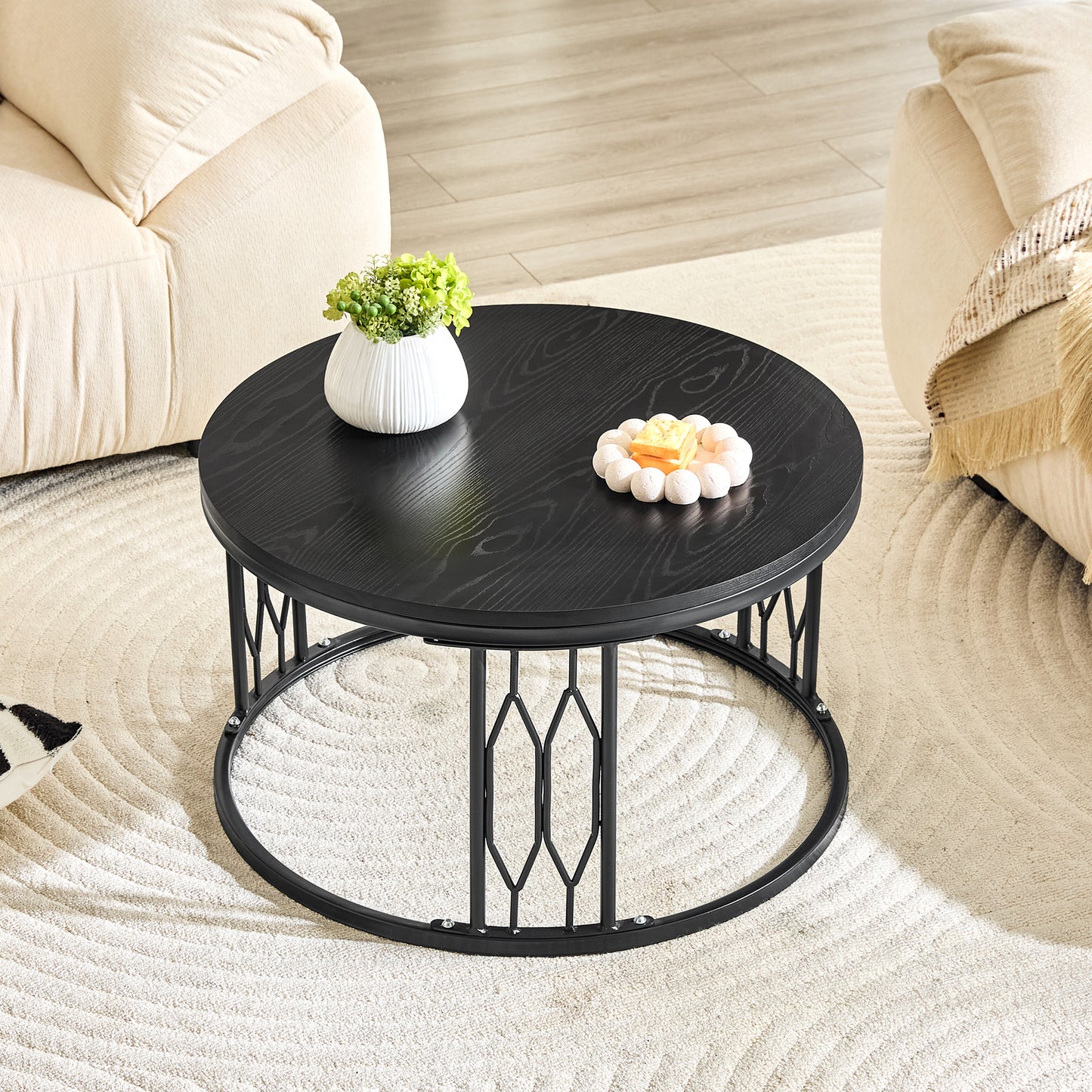 Black Round Coffee Table - 27.5-Inch MDF with Metal Legs