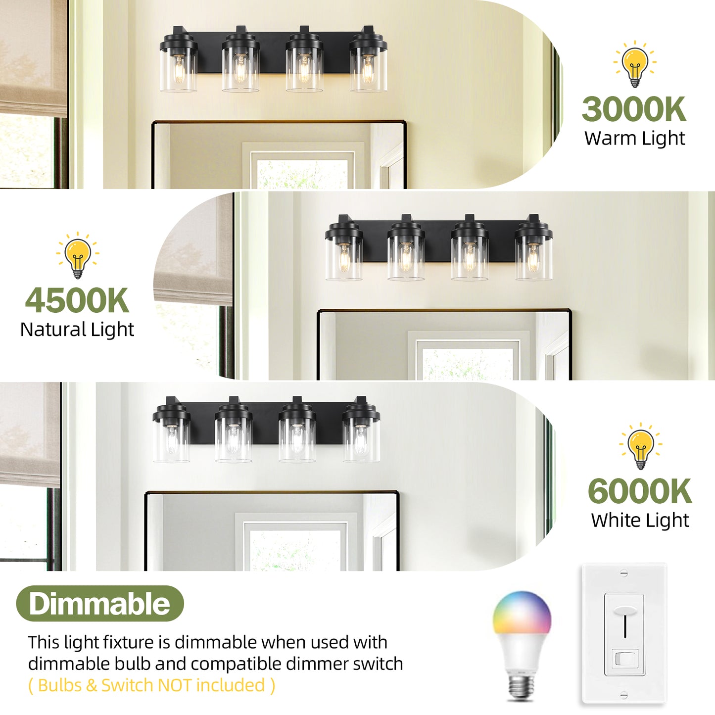 4-Light Matte Black Bathroom Vanity Light with Clear Glass Shades