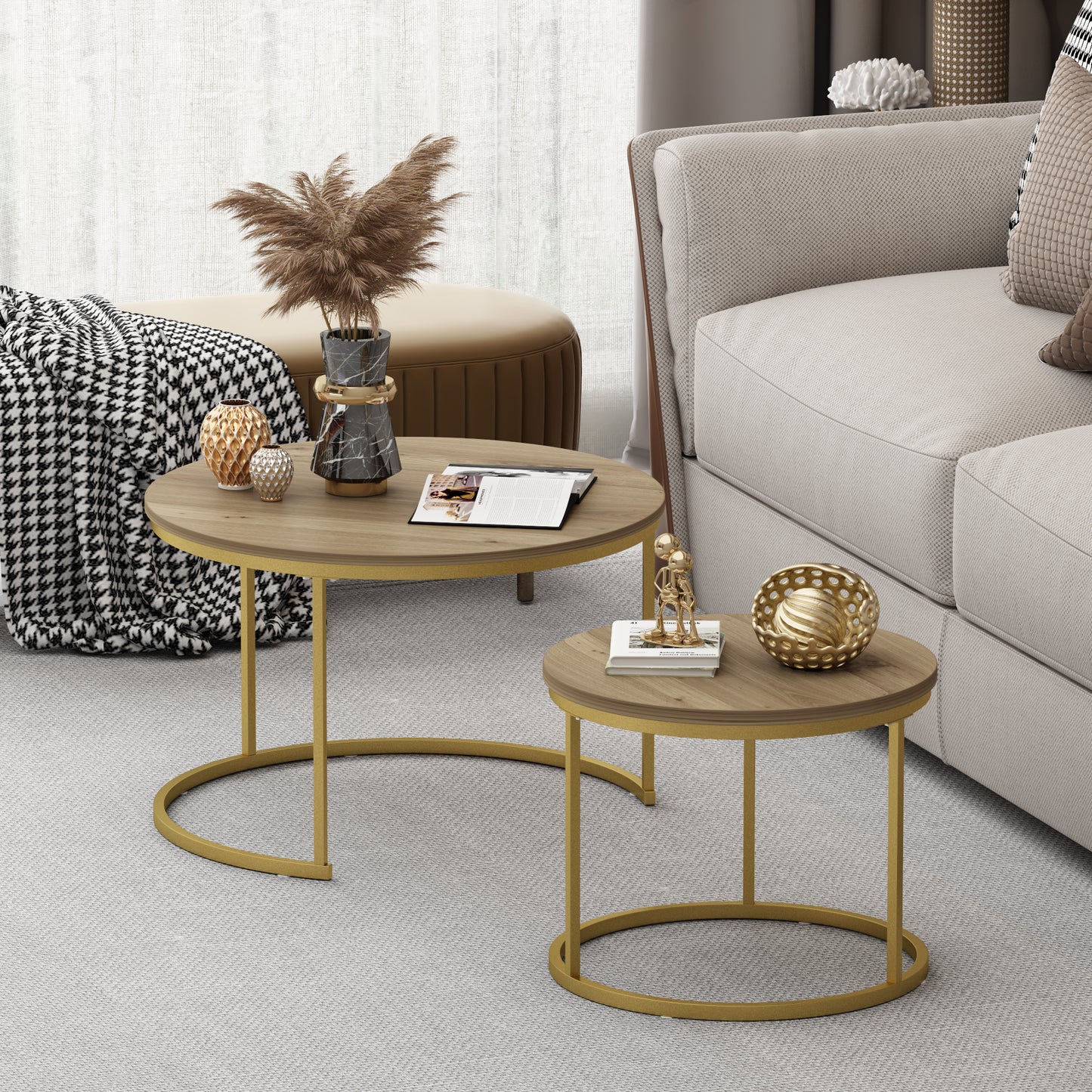 Nesting Coffee Table Set of 2 - Round Wood & Metal - Brown+Gold