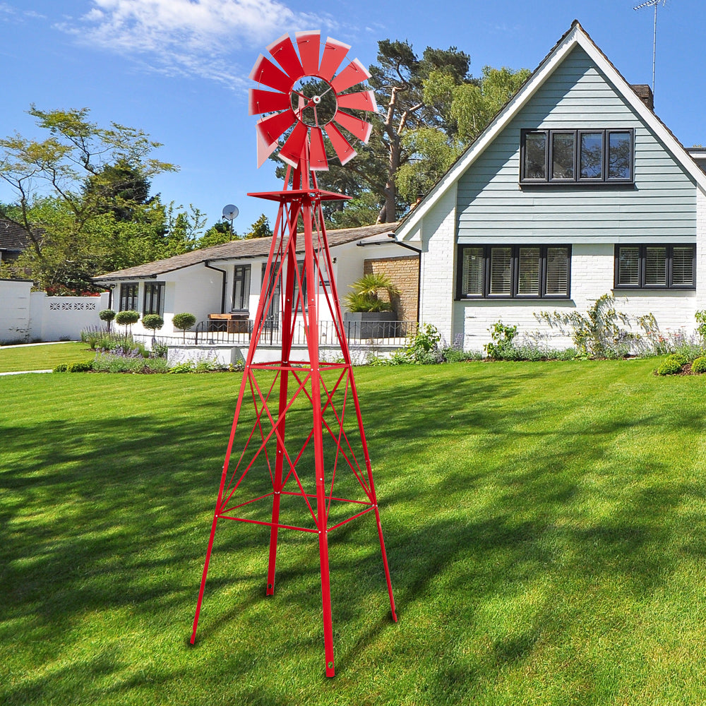 8FT Weather Resistant Garden Windmill with Steel Frame - Red Decorative Windmill for Lawn & Yard