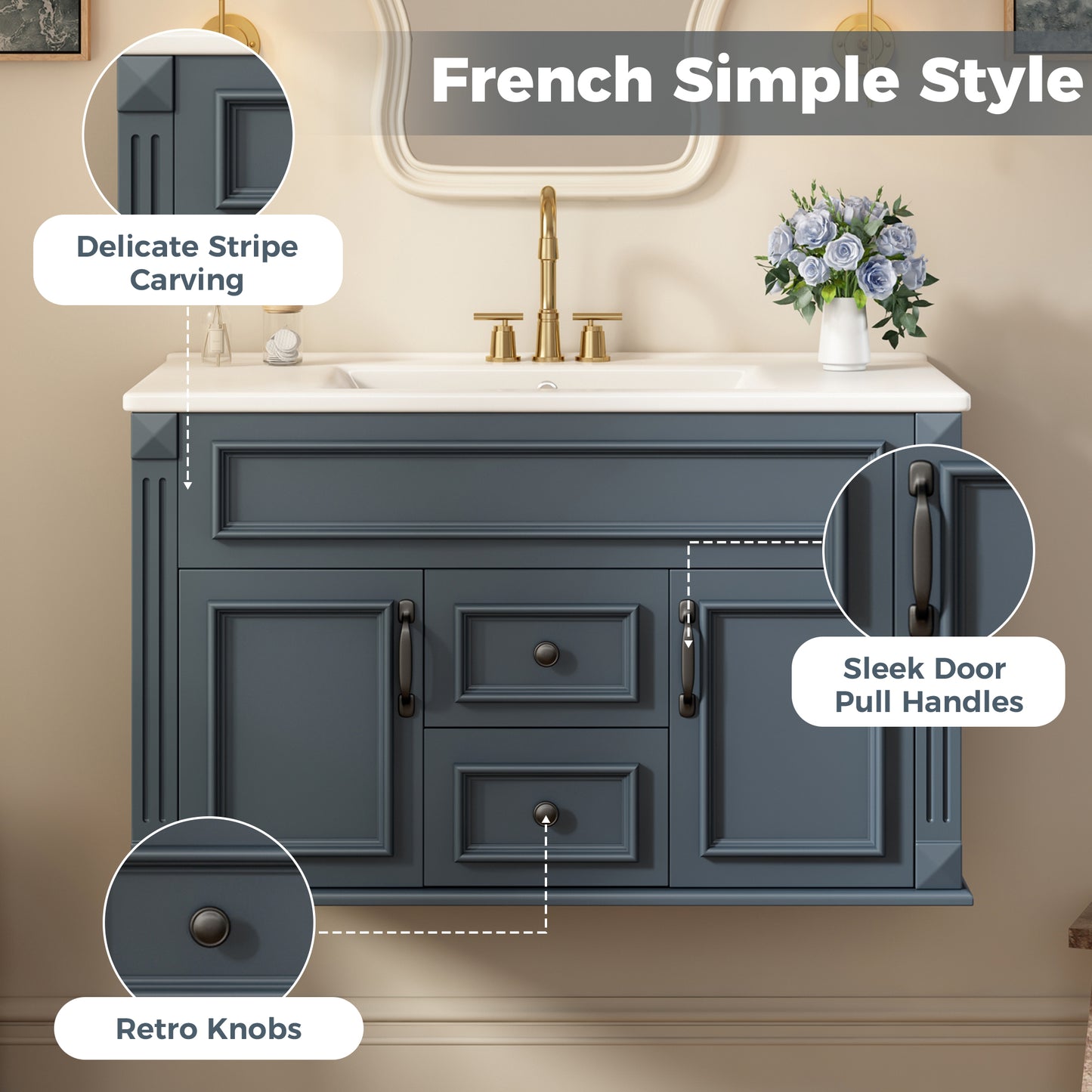 36-Inch Wall Mounted Bathroom Vanity with Ceramic Sink - Blue